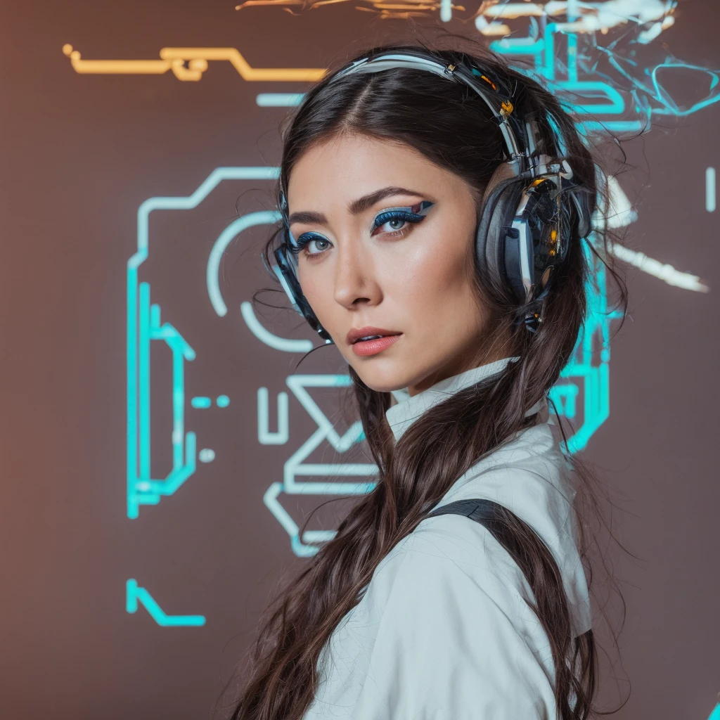 Arafed woman with headphones and white shirt stands in front of a wall, Cyberpunk-Headset, The Cyberpunk Girl Portrait, in Cyberpunk-Stil, Beautiful cyberpunk woman model, Sci-Fi-Optik, has Cyberpunk-Stil, Cyberpunk Foto, dreamy cyberpunk girl, Cyberpunk-Stil, Cyberpunk-Look, Cyber-Steampunk, cyberpunk beautiful girl, Portrait of a science fiction woman, Cyberpunk tragen
