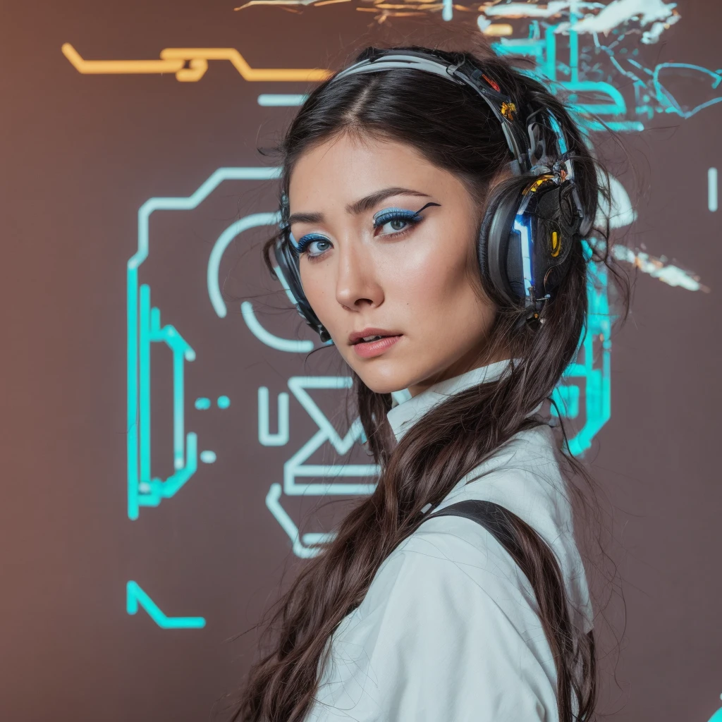 Arafed woman with headphones and white shirt stands in front of a wall, Cyberpunk-Headset, The Cyberpunk Girl Portrait, in Cyberpunk-Stil, Beautiful cyberpunk woman model, Sci-Fi-Optik, has Cyberpunk-Stil, Cyberpunk Foto, dreamy cyberpunk girl, Cyberpunk-Stil, Cyberpunk-Look, Cyber-Steampunk, cyberpunk beautiful girl, Portrait of a science fiction woman, Cyberpunk tragen