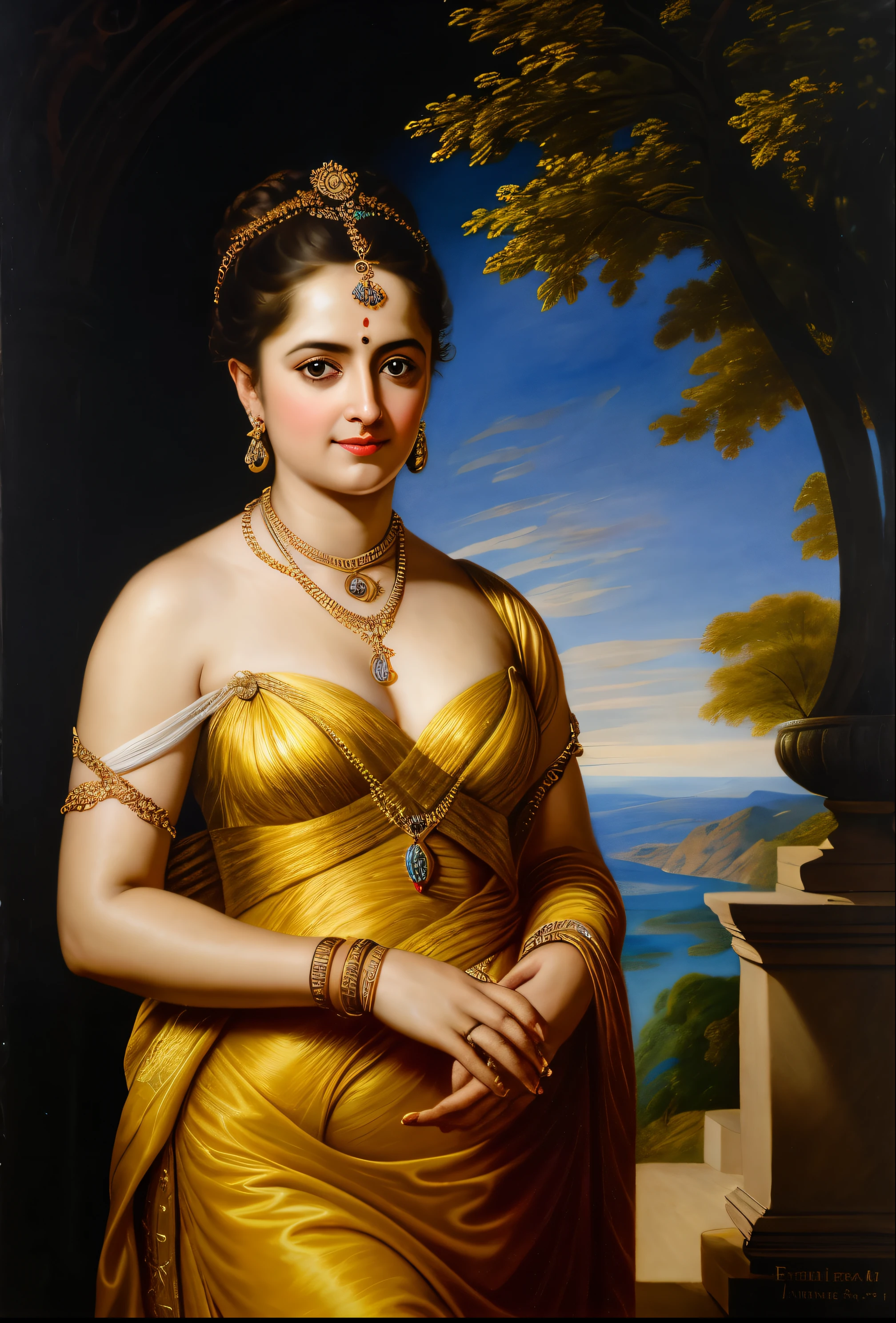 Looks like Anushka Shetty, Masterpiece, Best quality, high clarity eyes, beautifully styled hair, critically flawless,sharp picture, Full portrait, High pixels, perfect face, perfect eyes, beautiful face, perfect hands,perfect fingers, in Peter Paul Rubens style, by Peter Paul Rubens, baroque style, acrylic on canvas, highly detailed, description: "Create a nymph inspired by the tales of Greek or Roman mythology, embodying the essence of a natural element or location, and possessing a unique ability or trait that sets her apart."