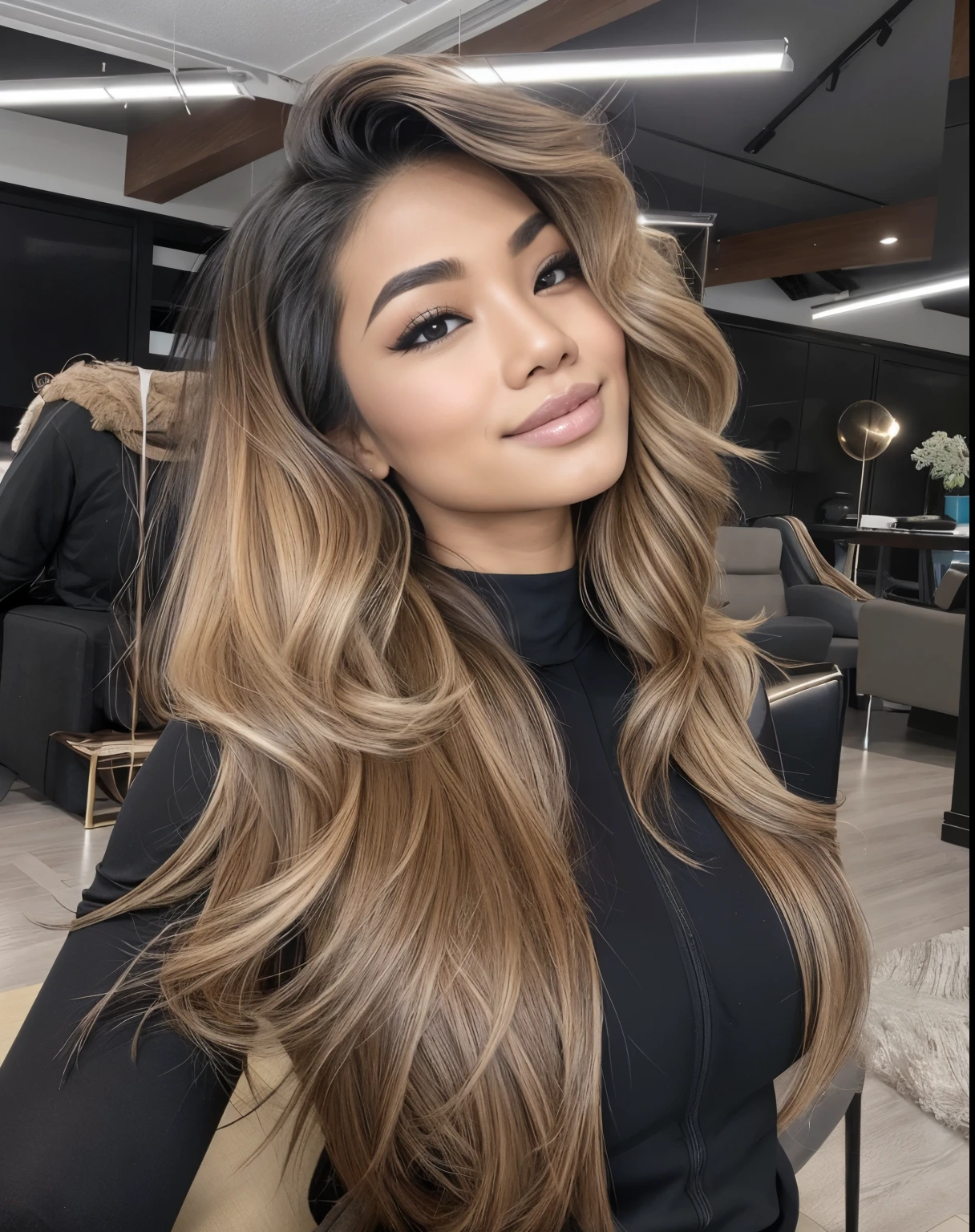 Young Thai woman, Fit physique, fitness physique, wearing sexy black lingerie sitting on the couch with legs open, corps sexy, (8k), (Best quality), (Masterpiece:1.3), (Realstic), (photoreallistic:1.34), Ultra-detailed, [beautiful detailed  eyes], (sourire), (sourire), (beautiful nose detailed), [very long blonde hair], (haut court), lingerie noire, (superbes seins taille normale), (gros plan), profondeur de champ, full body view, sitting on sofa, legs spread, showing crotch, pieds en l'air