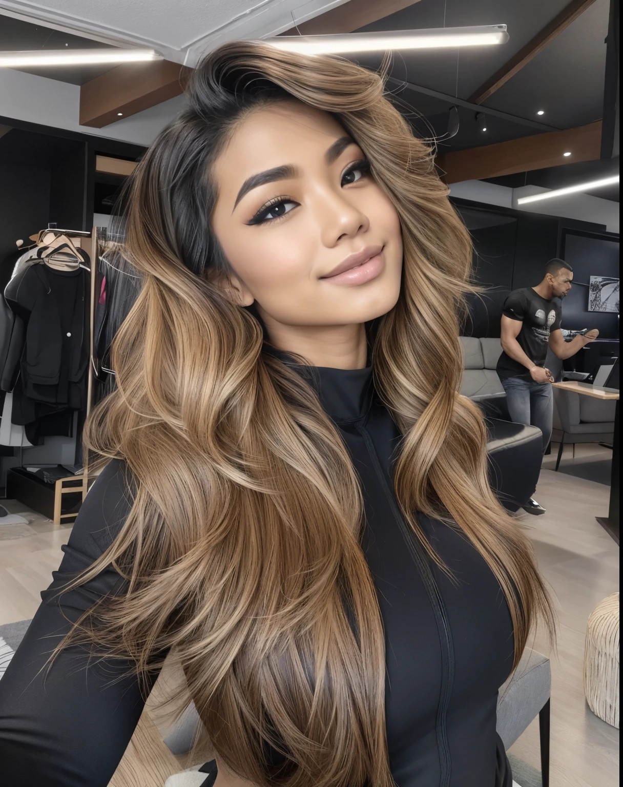 Young Thai woman, Fit physique, fitness physique, wearing sexy black lingerie sitting on the couch with legs open, corps sexy, (8k), (Best quality), (Masterpiece:1.3), (Realstic), (photoreallistic:1.34), Ultra-detailed, [beautiful detailed  eyes], (sourire), (sourire), (beautiful nose detailed), [very long blonde hair], (haut court), lingerie noire, (superbes seins taille normale), (gros plan), profondeur de champ, full body view, sitting on sofa, legs spread, showing crotch, pieds en l'air