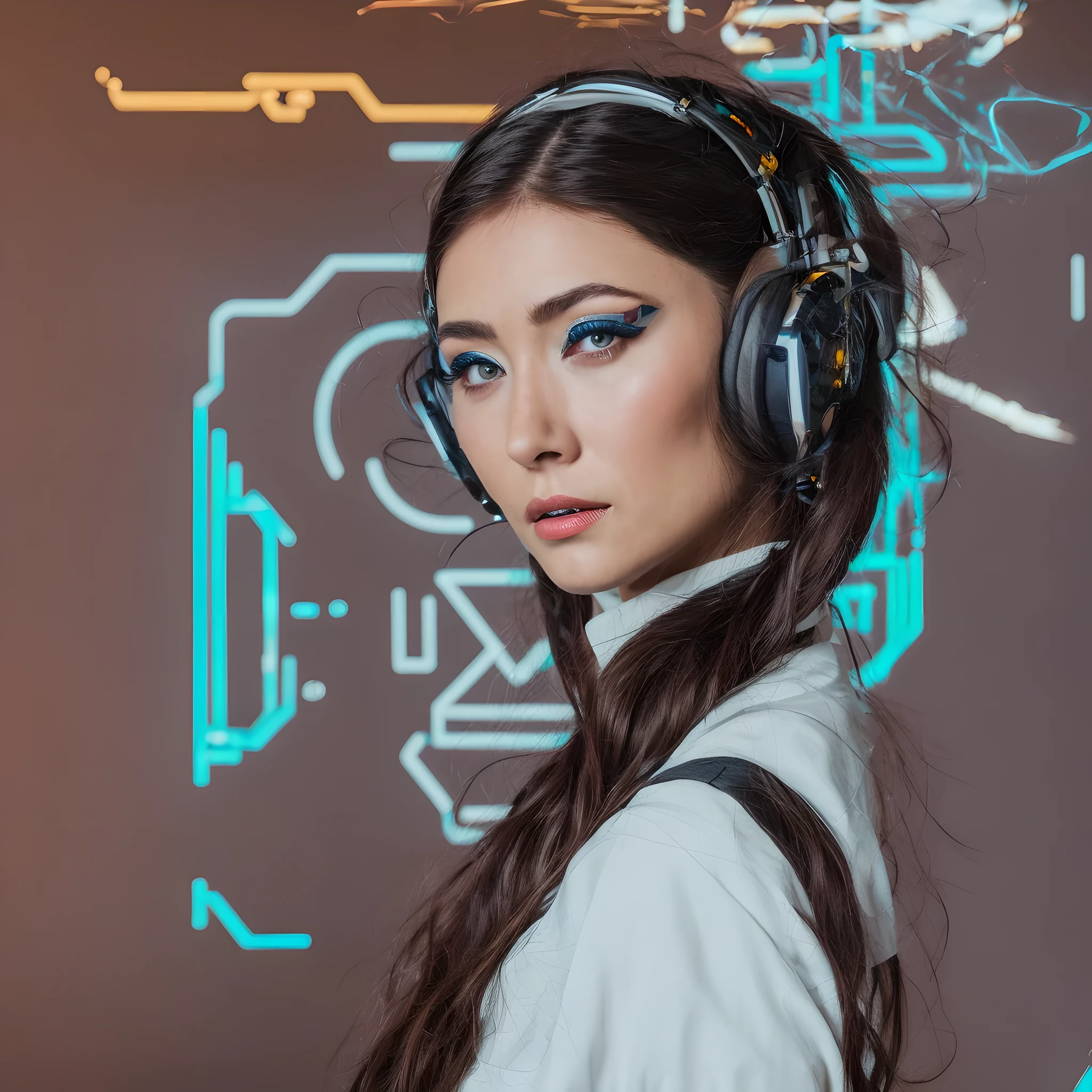 Arafed woman with headphones and white shirt stands in front of a wall, Cyberpunk-Headset, The Cyberpunk Girl Portrait, im Cyberpunk-Stil, Beautiful cyberpunk woman model, Sci-Fi-Optik, hat Cyberpunk-Stil, Cyberpunk Foto, dreamy cyberpunk girl, Cyberpunk-Stil, Cyberpunk-Look, Cyber-Steampunk, cyberpunk beautiful girl, Portrait of a science fiction woman, Cyberpunk tragen