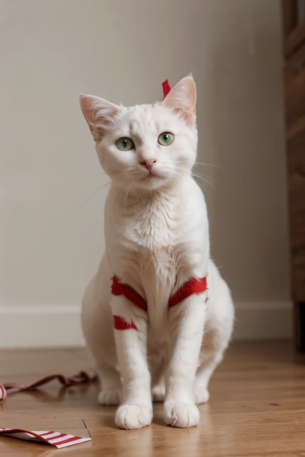 White cat with black and red stripes on its head and legs (not body)