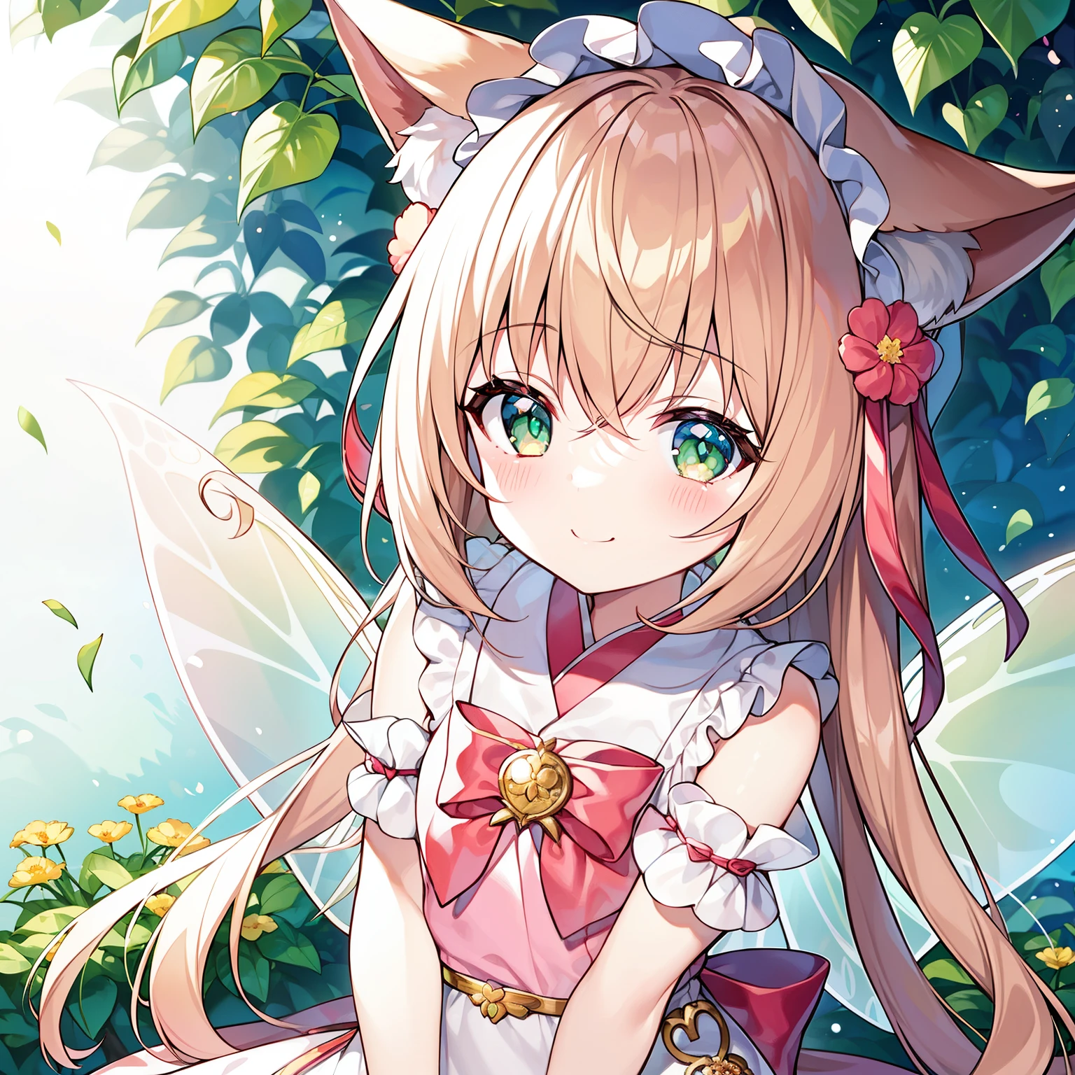 (tmasterpiece, Best quality, A high resolution), 1 girl, Alone,  (Big soft fox tail)，A pair of fox ears，Green-eyed，(Brown hair long)，Small flower headdress, (9 years old_Cute loli)，small tit，摩洛解放阵线，Wearing pink fairy costume，Golden translucent fairy wings，upperbody closeup，Blush slightly，ssmile，