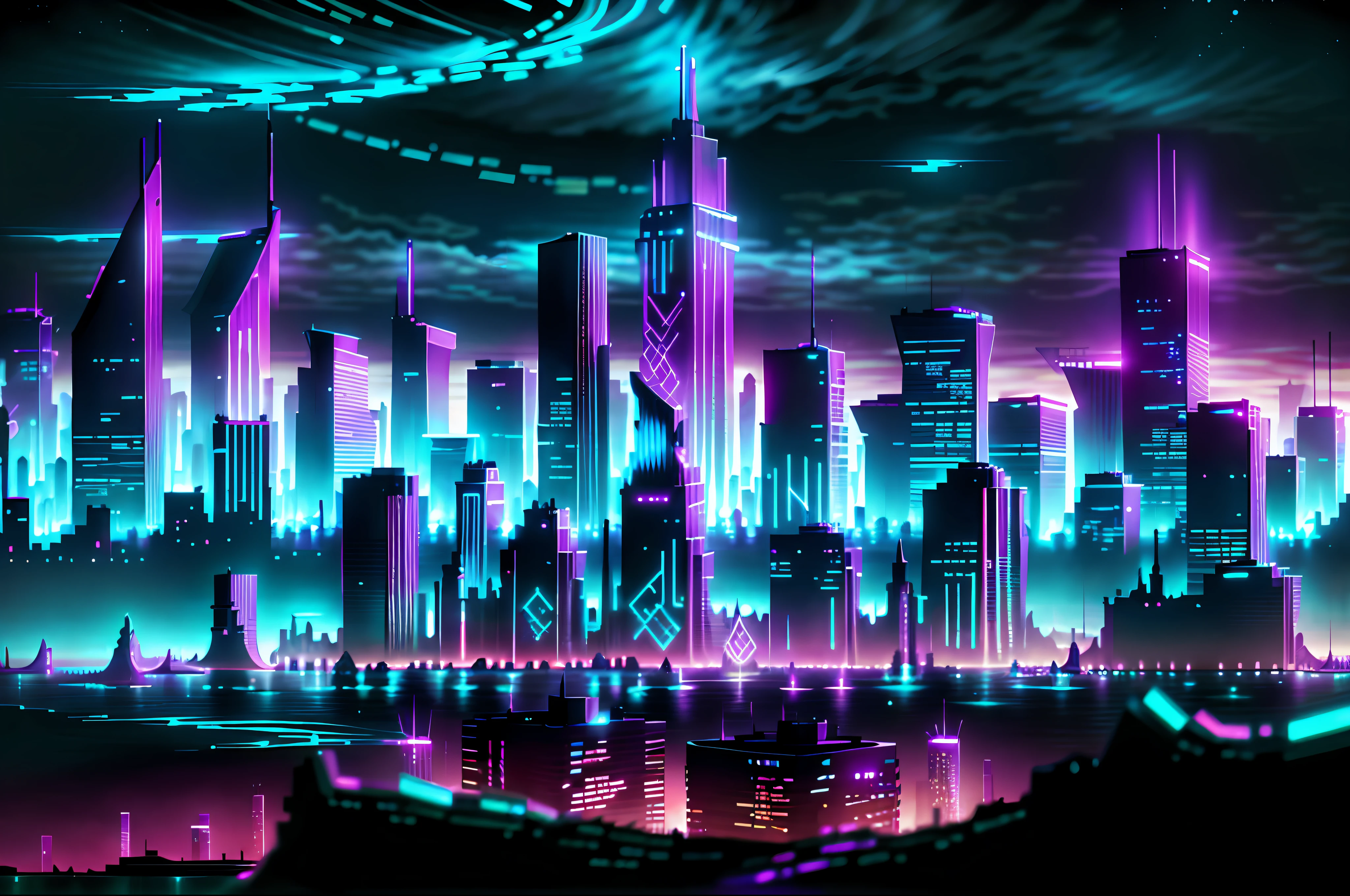 GlowingRunesAI_purple city skyline