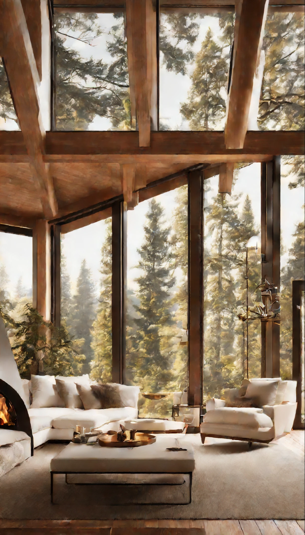 modern and inviting living room within a cabin, boasting a double- height ceiling and a floor-to-ceiling window on one side. The evening scene should exude coziness, with soft lighting casting a warm glow from various lights and lamps over the white plush sofas, a low- centered table gathered around, and a fireplace. The color of the sofas should be white and beige only. Emphasize the sleek and stylish elements in the room, capturing the serene ambiance of a modern cabin retreat during a peaceful evening.