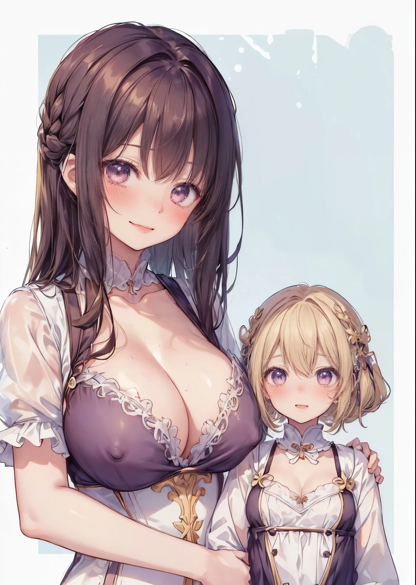 (2girls:1.4), (a girl in front of a giantess breasts: 1.1), (height_difference:1.5), cute dress with frills, cleavage, modern, maid cafe, cute hair, (blonde hair or brown hair), serafuku, hugging, very detailed, (height_difference:1.5), very detailed, beautiful, professionally drawn, (huge breasts), (cleavage sweat), (anime drawing:1.1), sketch, (anime:1.1), (very cute anime girl), (bright), (low contrast), collarbone, (>:D:1.2), (laughing:1.2), (prettiest teenage girl), (mature face: 1.4), (hugging:1.2), (tall girl with big breasts: 1.2), (erect nipples:1.2)