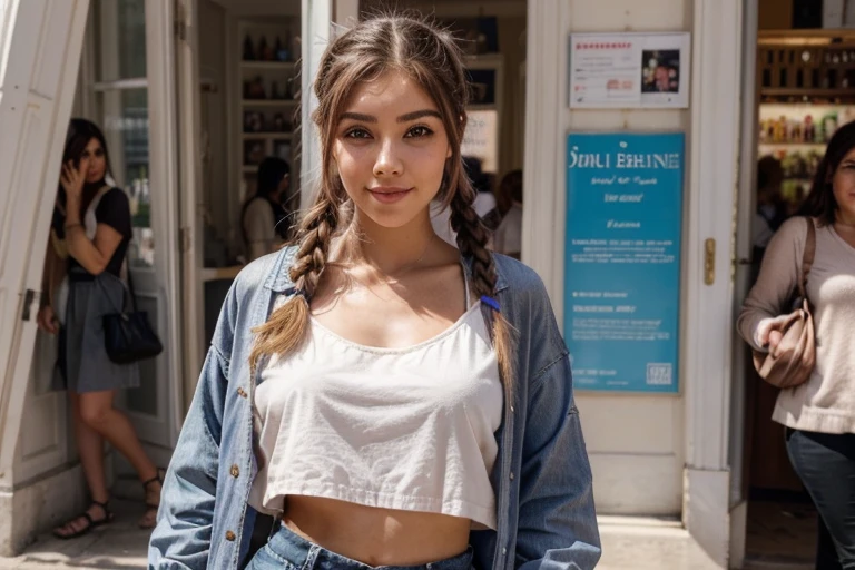 une femme aux cheveux bruns ,:: ,:: madison beer, streaming, pigtail, Photorealistic - H 6 4 0, 🎀 🍓 🧚, tu vois, live2d, looks like Laura Barriales, —ar 16:9, Sam Nassour, 5 0 s, incroyablement mignon,plan de la tête au pied , sourcils droits, avec un grand sourire, elle porte une longue veste  de couleur  mauve  , avec un string vert et un soutient gorge en dentelle, doggystyle, sexy