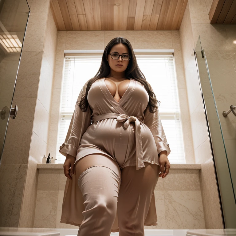 Elaborate photography, (best qualtiy, exquisite detailing, absolute masterpiece), (Head to Toe Image)), ((Full body image)),  Full body picture of a Business woman, Female boss, very chubby. Wearing only a silk bathrobe and very strict glasses. hands on her wide hips. very voluptuous, strict glasses. Menacing, dominating posture and expression.standing in a luxurious bathroom, threatening and with a humiliating expression on her face, very low angle photo, picture from beneath her, picture from between her thighs