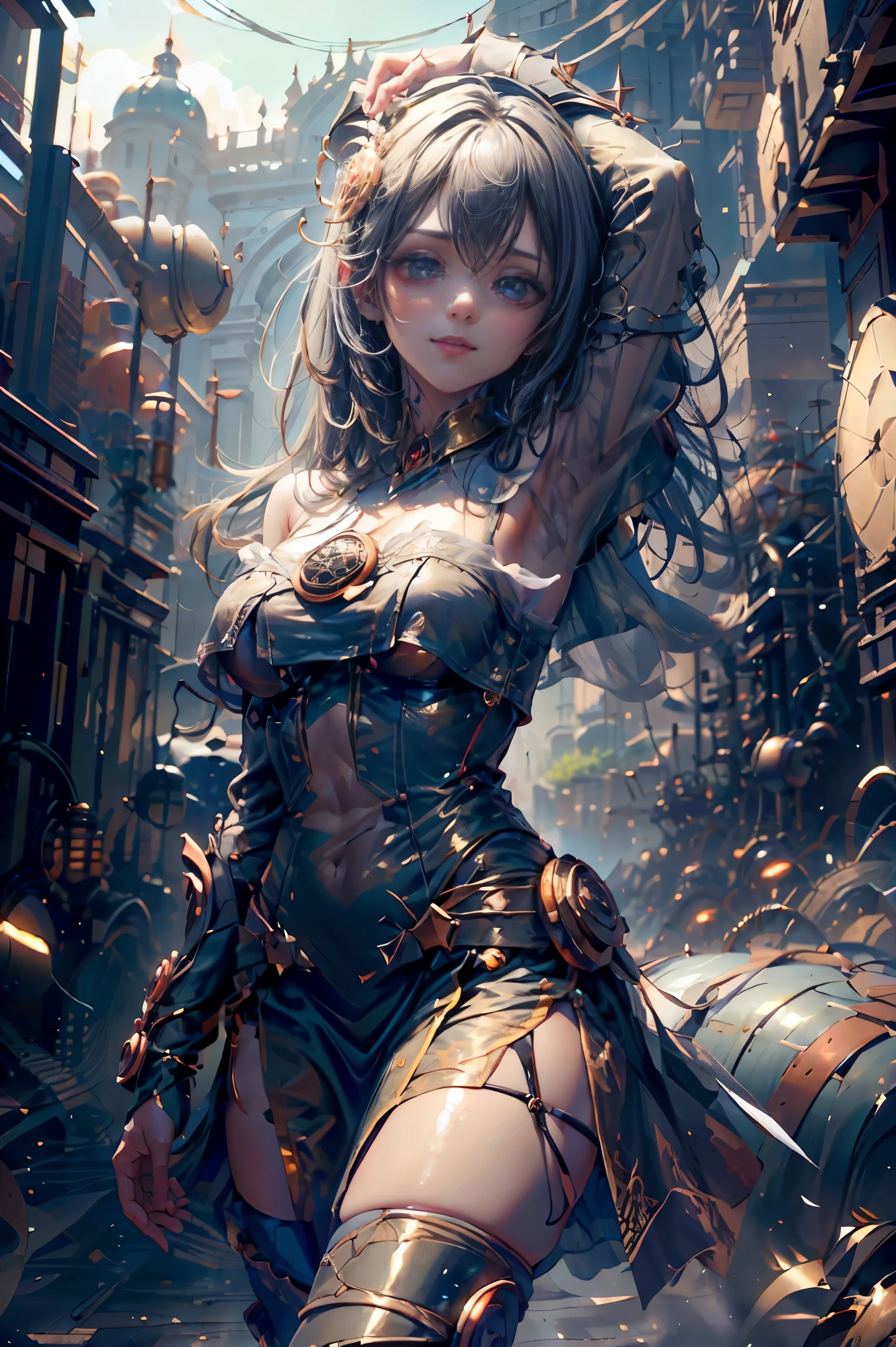solamente, Super fine photo, Unreal Engine 5 8K UHD digital art portrait of a girl, Arte conceptual, character concept design, wearing a tight, shiny white dress with metallic details, corona de oro, ojos azules, fantasy princess, guante metalico, cabello largo y rubio, La mejor calidad, Obra maestra, Super detailed, foco nítido, pose Sujestiva y sexy y inocente y. Mirada al espectador. Leve sonrisa.