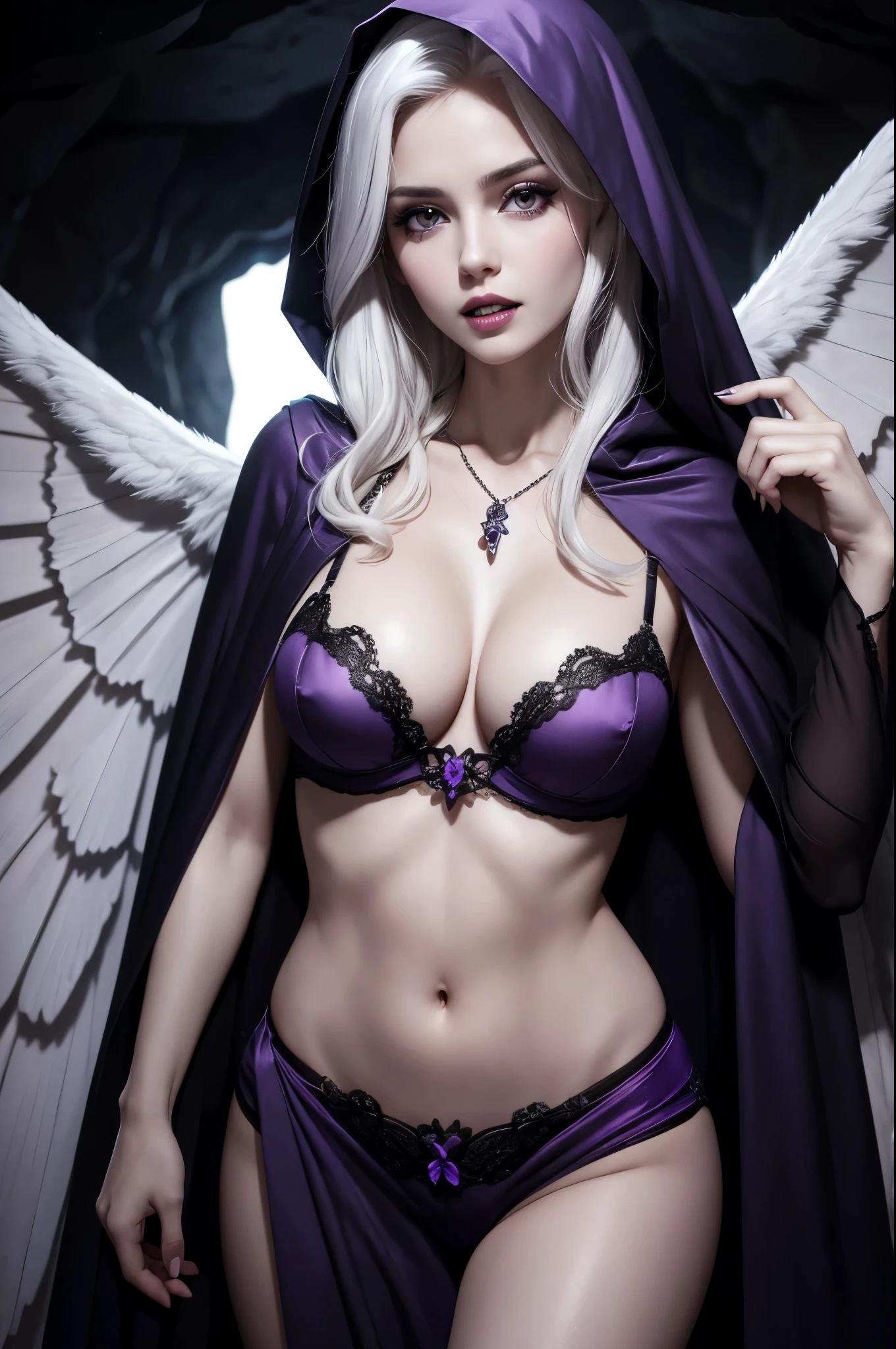 8k,A hyper-realistic,(masutepiece, Best Quality) Daniela Dimitresc, 1womanl, white  hair,Looking at Viewer, Open mouth, Blonde hair, Background, cleavage, real looking skin,Jewelry, medium small breasts, Underwear, Looking, Upper body, flower, Wings, teeth and fangs, hoods, Necklace, Cape, Bra, makeup, bug, lip stick,Inside the dark cave, Pedras preciosas, pale skin, veils,紫色の hoods up, Realistic, Black lips,超A high resolution,Purple Flame(purple effect),A sexy,