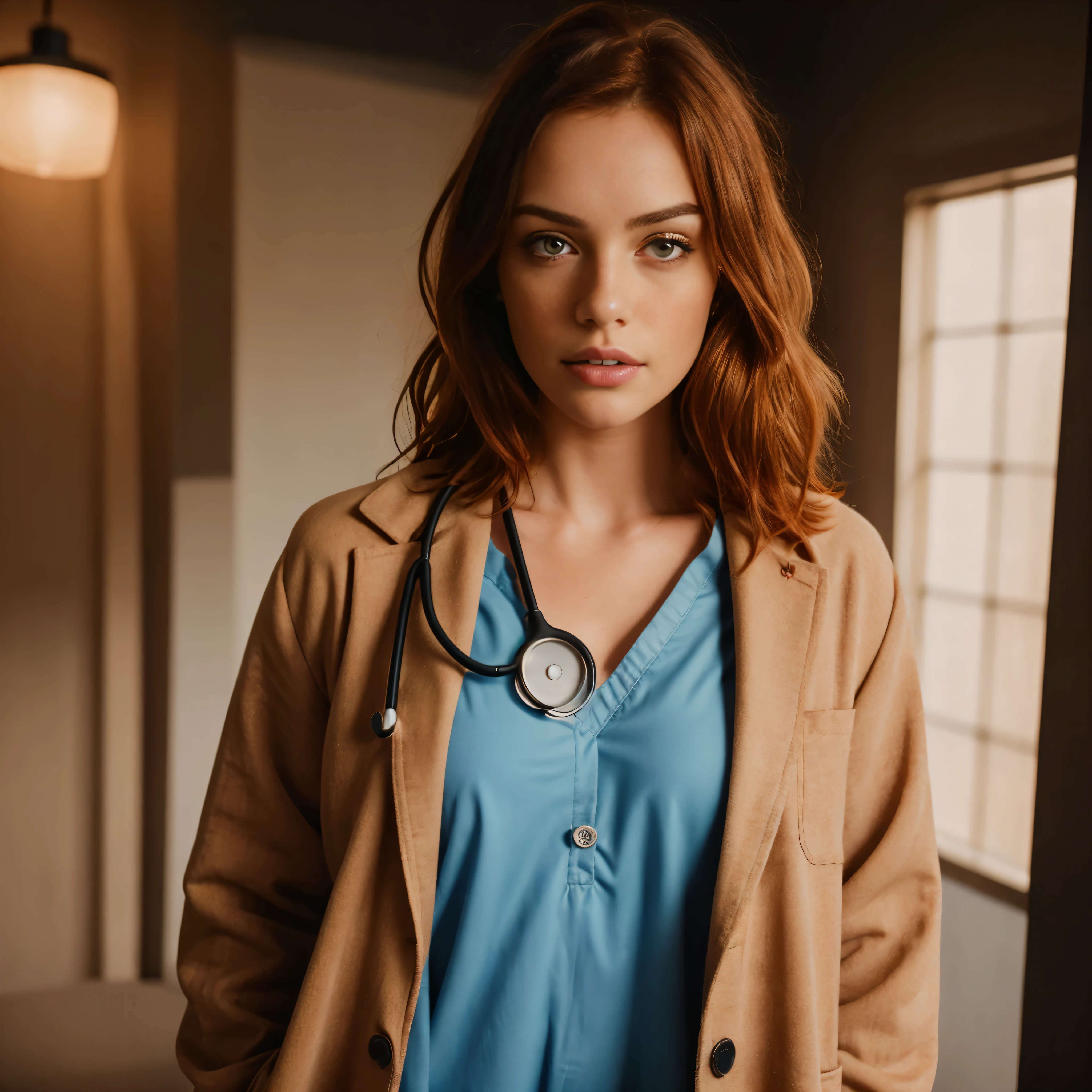 a photo of one seductive woman with loose styled redhead hair, posing dark studio with natural lighting, she is wearing a doctors coat with a stethoscope, intricate details, goosebumps, flawless face, shy, prude, seductive, (light freckles:0.9), ((photorealistic):1.2), raw