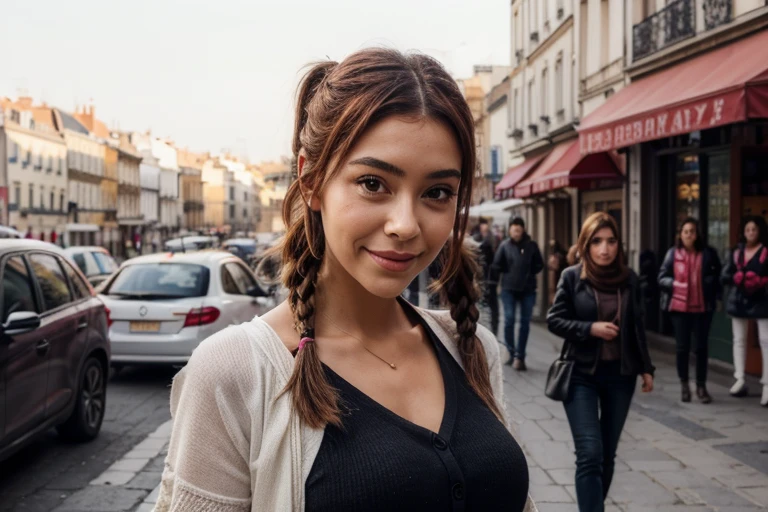 une femme aux cheveux bruns ,:: ,:: madison beer, streaming, pigtail, Photorealistic - H 6 4 0, 🎀 🍓 🧚, tu vois, live2d, looks like Laura Barriales, —ar 16:9, Sam Nassour, 5 0 s, incroyablement mignon,plan de la tête au pied , sourcils droits, avec un grand sourire, elle porte une longue jupe rouge , dans une grande ville Athènes, 🍌🧀🥨