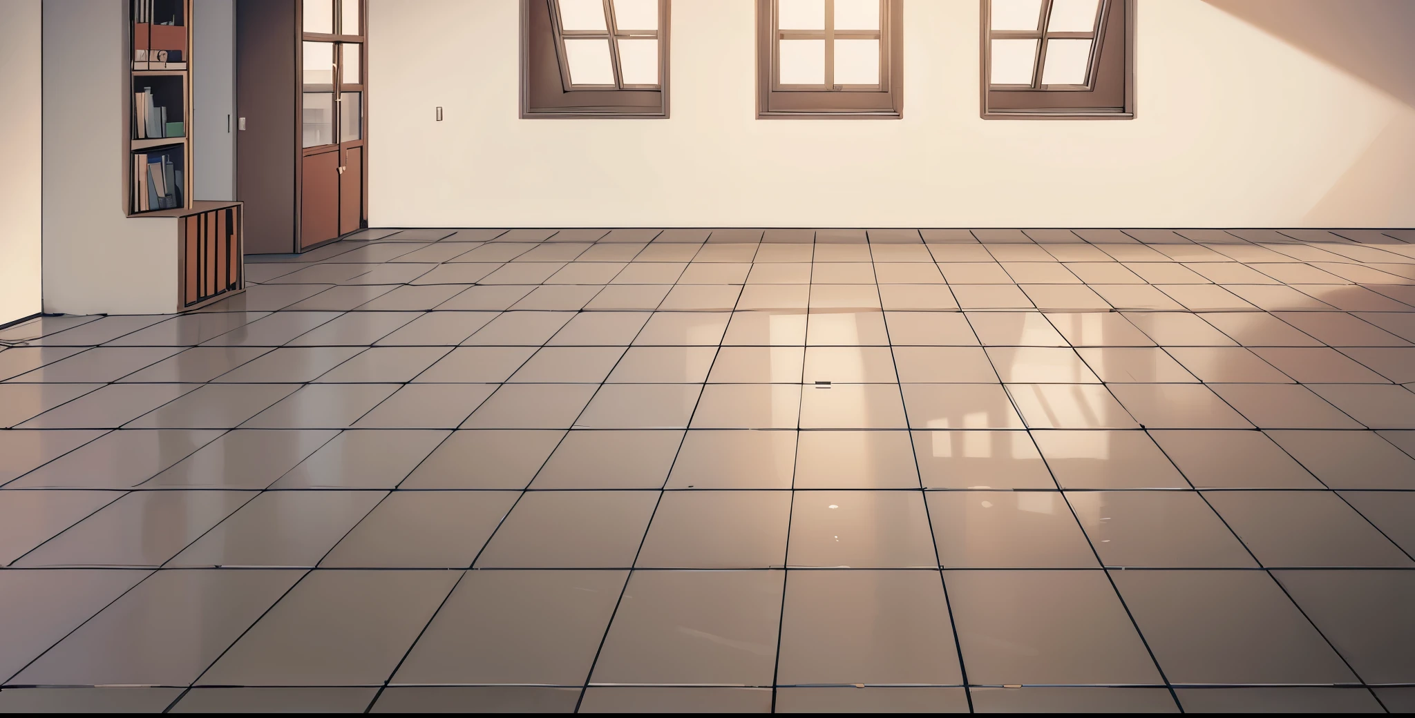 (super large empty room):1.5, (gray room), empty room):1.5, tile floor, super big black framed window, opened window, super big bookshelf in the corner,