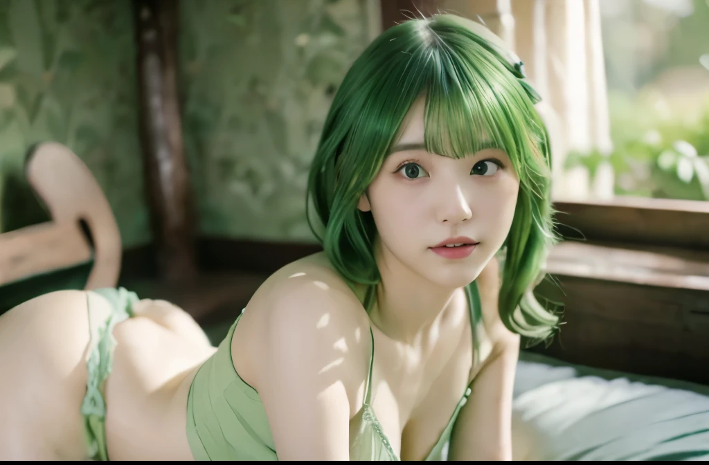 8K resolution, Masterpiece quality: 1.2, Photo-realistic: 1.4, Detailed 8K wallpaper, Cinematic lighting, Sharp full body focus, (20-year-old Japanese idol with perfect body and green hair, (green hair) Green lingerie, Tranquil private bedroom with green decor, Alluring grace, nsfw, shy, Softly lit intimate space."