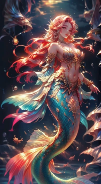 (2persons image) DSLR, F/2.8, Lens Flare, 5D, 16k, Super-Resolution . realistic style, key visual, vibrant, studio realistic, highly detailed A different mood full body view best quality, best masterpiece image of 1 red hair Mermaid, half of her body is inside the water, the other half is trying to convince 1man to join her in the water. Boris Vallejo art, Mysterious, highly detailed, graphic 3d model, render, comic art, graphic novel art, vibrant, detailed character. Victorian Era style