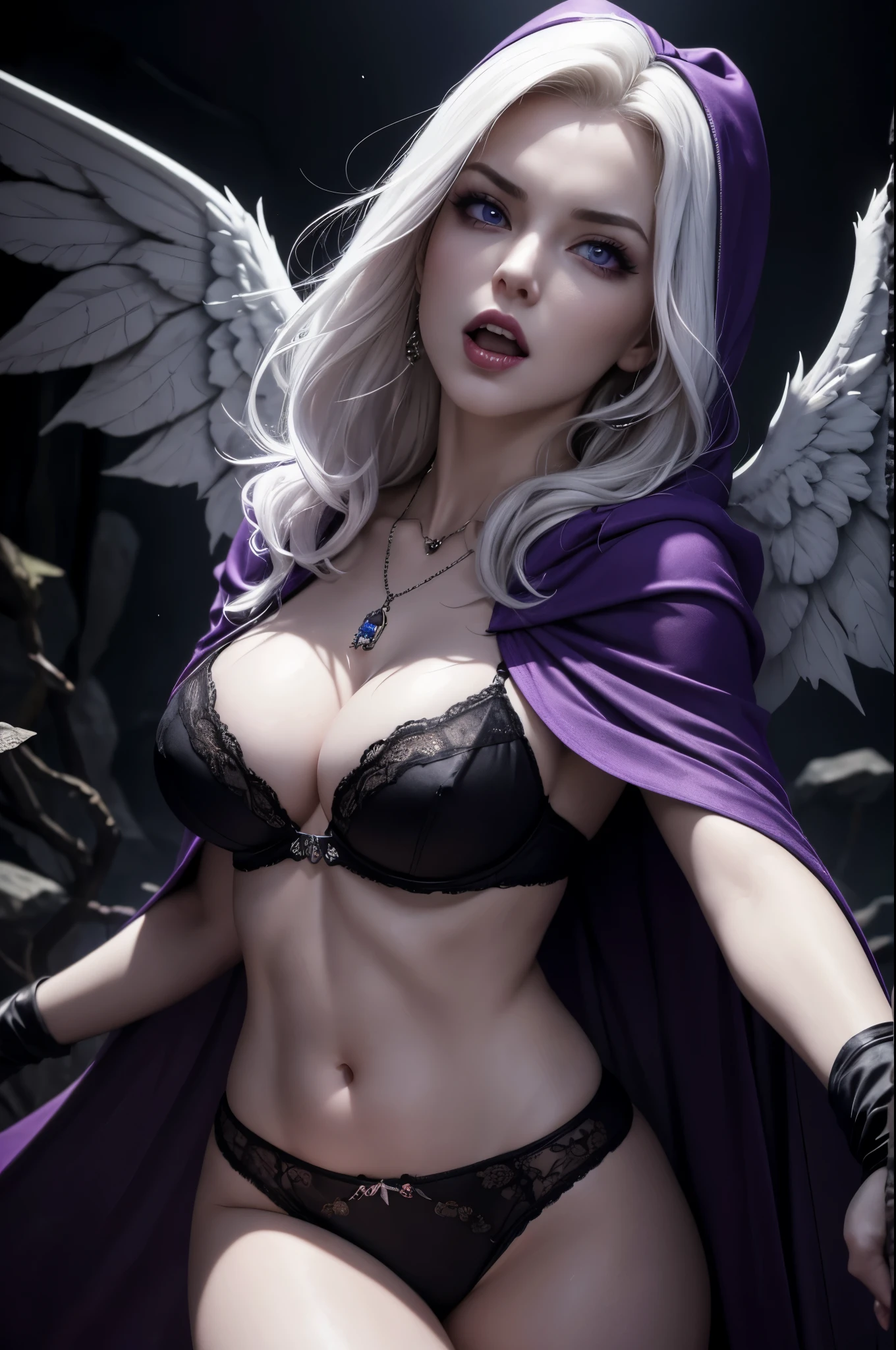 8k,A hyper-realistic,(masutepiece, Best Quality) Daniela Dimitresc, 1womanl, white hair,Looking at Viewer, Open mouth, Blonde hair, Background, cleavage, real looking skin,Jewelry, medium small breasts, Underwear, Looking, Upper body, flower, Wings, teeth and fangs, hoods, Necklace, Cape, Bra, makeup, bug, lip stick,Inside the dark cave, Pedras preciosas, pale skin, veils,紫色の hoods up, Realistic, Black lips,超A high resolution,Purple Flame(purple effect),A sexy,combat scene,action scene,actionpose,angry expressions,