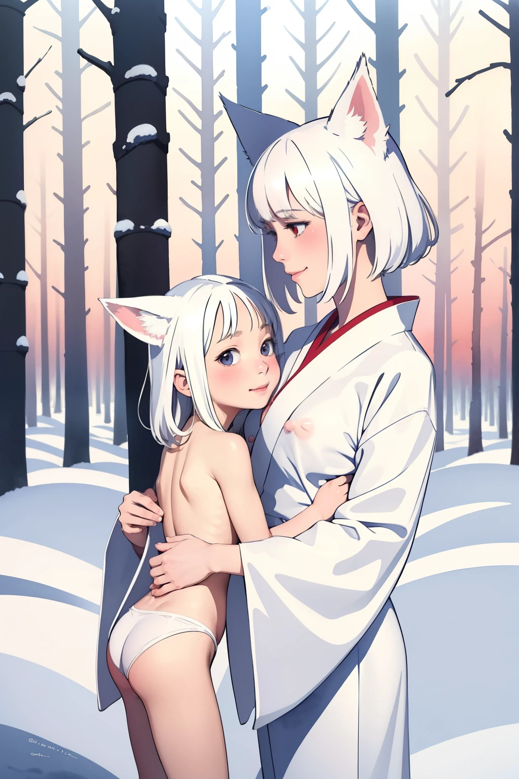 (masterpiece:1.2, best quality), 3girls,, child, lolitite, flat chest, white hair, (big white fox ears), white kimono, topless, (nipple:1.2), bare feet, hugging, blush, smile, shy, winter, snow, winter forest, anime minimalist, watercolor