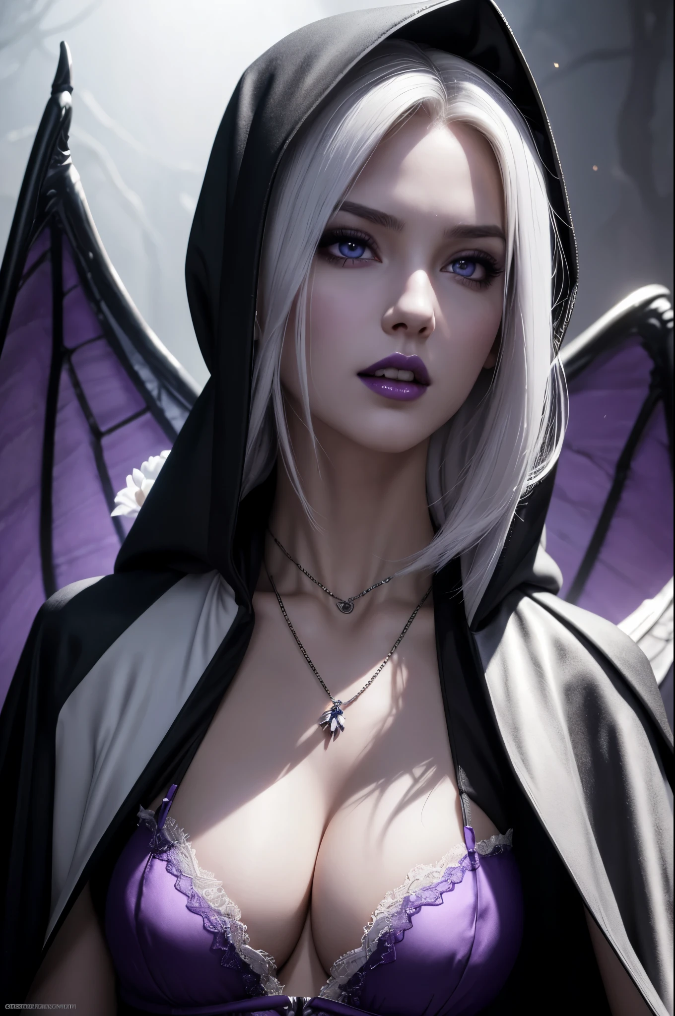 Stormy Daniels : The evil nun, Demon horn, Demon wings on the head , sexy robe de nonne, His hands preparing a sphere of purple energy, diabolique, insidieux, His powerful magic hits the buildings of a city , Context of the Satanic Church, detailled eyes, detailed hands