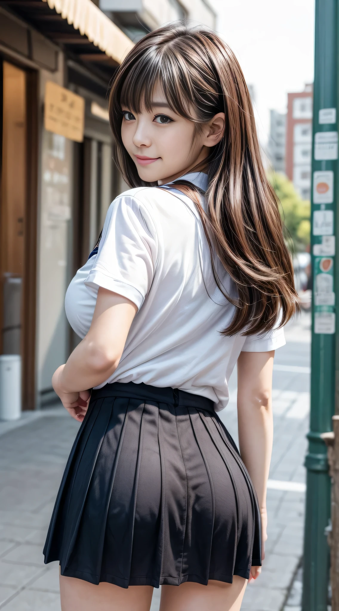 ((top-quality、8K、​masterpiece：1.3))、foco nítido：1.2、Beautiful Women in Perfect Style：1.4、Slender Abs：1.2、((dark brown hair、Colossal tits：1.2))、(natural soft light、City Street:1.1)、Highly detailed facial and skin texture、A detailed eye、二重まぶた、Sexy schoolgirl in miniskirt sailor suit、A slight smil,Facing backwards,Wearing T-back panties,Sexy ass visible