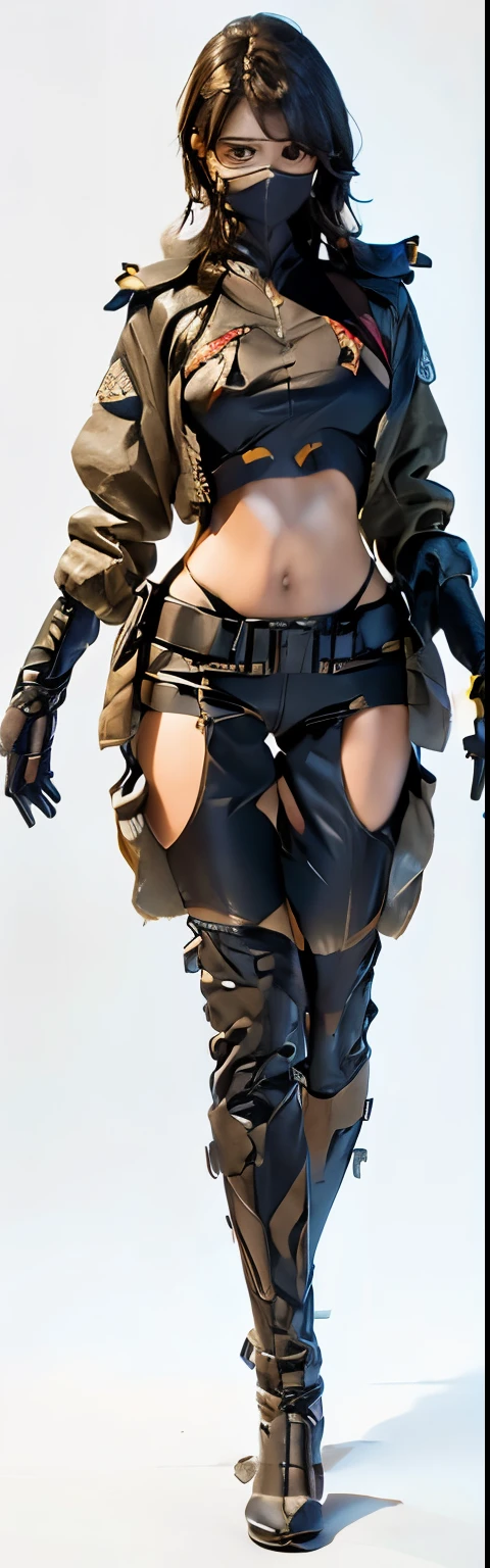 (masterpiece),(best quality:1.0),(ultra highres:1.0), closeup, 1 girl, detailed beautiful, black hair, metal mask, back , tomboy, skinny, wallpaper 8k,metal clothing, lingerie, beautiful woman, sexy girl, full body