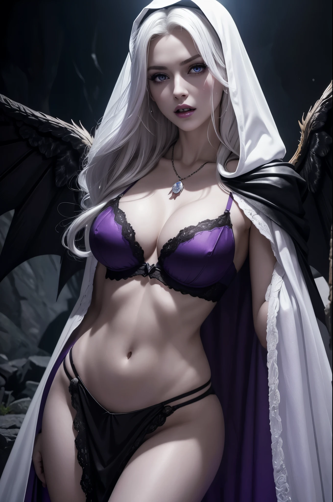 8k,A hyper-realistic,(masutepiece, Best Quality) Daniela Dimitresc, 1womanl, white hair,Looking at Viewer, Open mouth, Blonde hair, Background, cleavage, real looking skin,Jewelry, medium small breasts, Underwear, Looking, Upper body, flower, Wings, teeth and fangs, hoods, Necklace, Cape, Bra, makeup, bug, lip stick,Inside the dark cave, Pedras preciosas, pale skin, veils,紫色の hoods up, Realistic, Black lips,超A high resolution,Purple Flame(purple effect),A sexy,combat scene,action scene,actionpose,angry expressions,