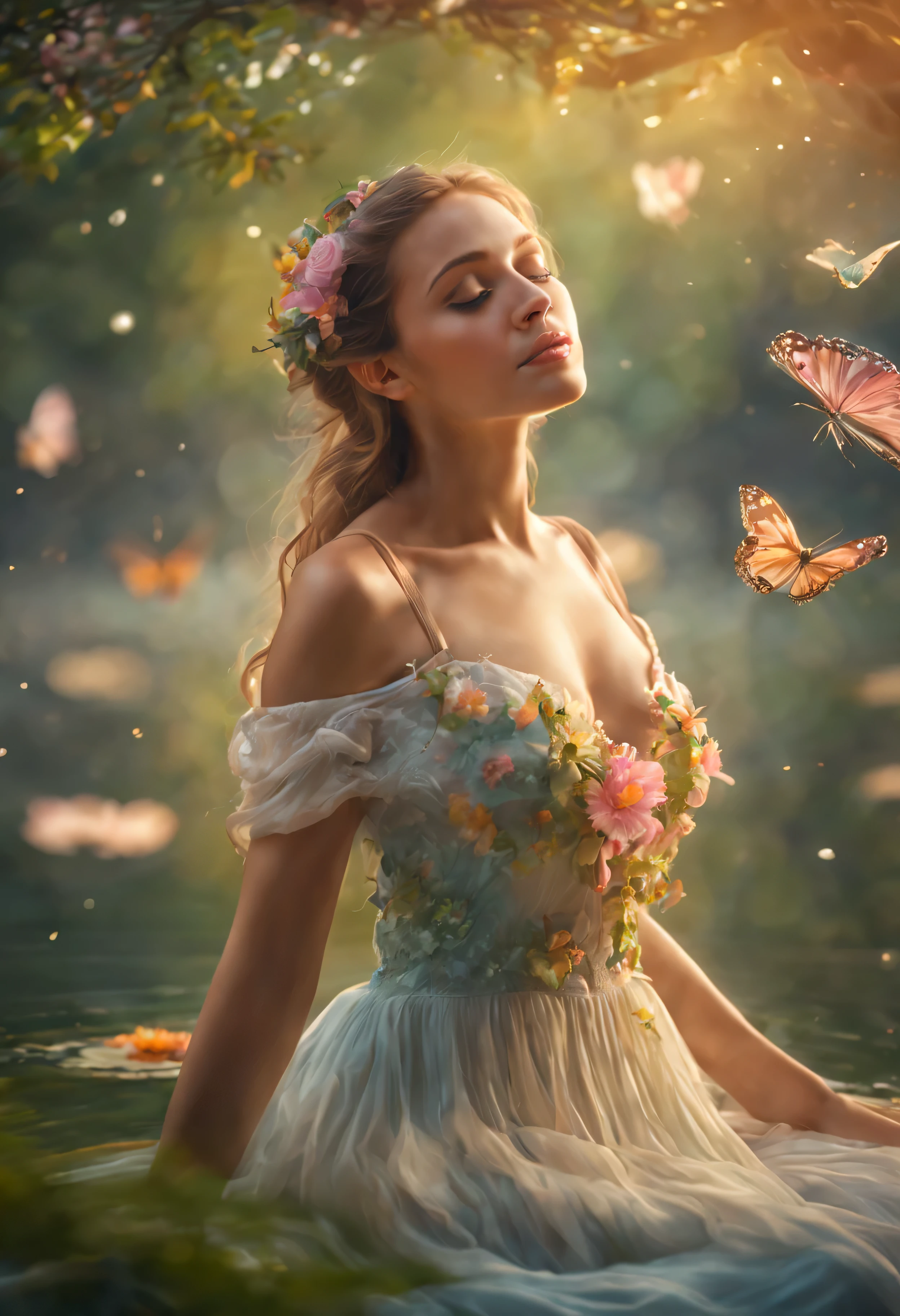 (best quality,4k,8k,highres,masterpiece:1.2),ultra-detailed,(realistic,photorealistic,photo-realistic:1.37),girl with big boobs floating,ethereal atmosphere,magical forest,soft sunlight filtering through the trees,colorful flowers dancing in the air,gentle breeze caressing her hair,playful butterflies surrounding her,elegant flowing dress embracing her curves,subtle reflections on the water,enchanted expression on her face,sparkling water droplets in the air,fairytale-like setting,impressionistic style,gentle pastel colors,soft and dreamy lighting.