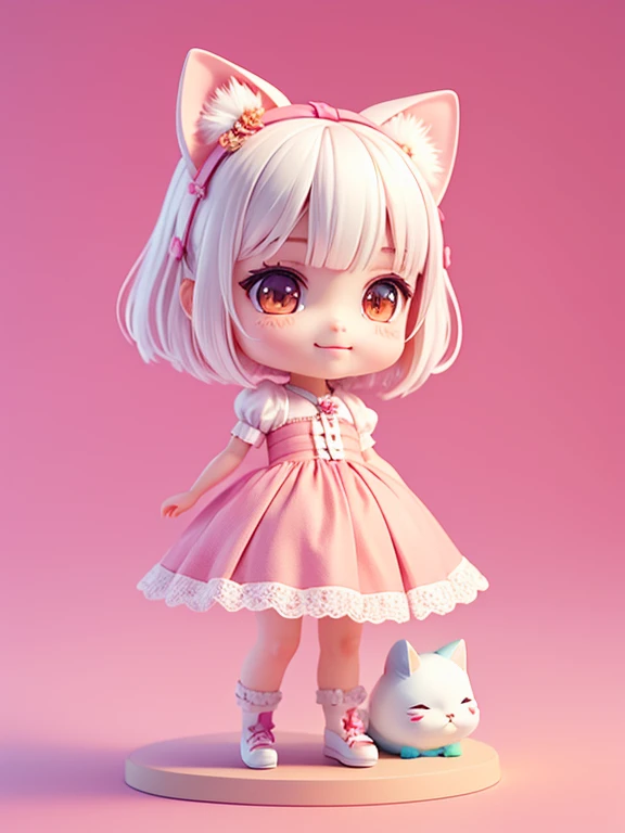 pink background color、A slight smil、short legs、Pink dress、pink bob hair、White hair ornament、Holding a cat、Little doll、cute 3d render、Cute 3D anime girl rendering、cute detailed digital art、Stylizing 3D Rendering、3D rendered character art 8k、cute digital painting、anime style 3D、super detailed render、(tchibi:1.3)、tchibiキャラ