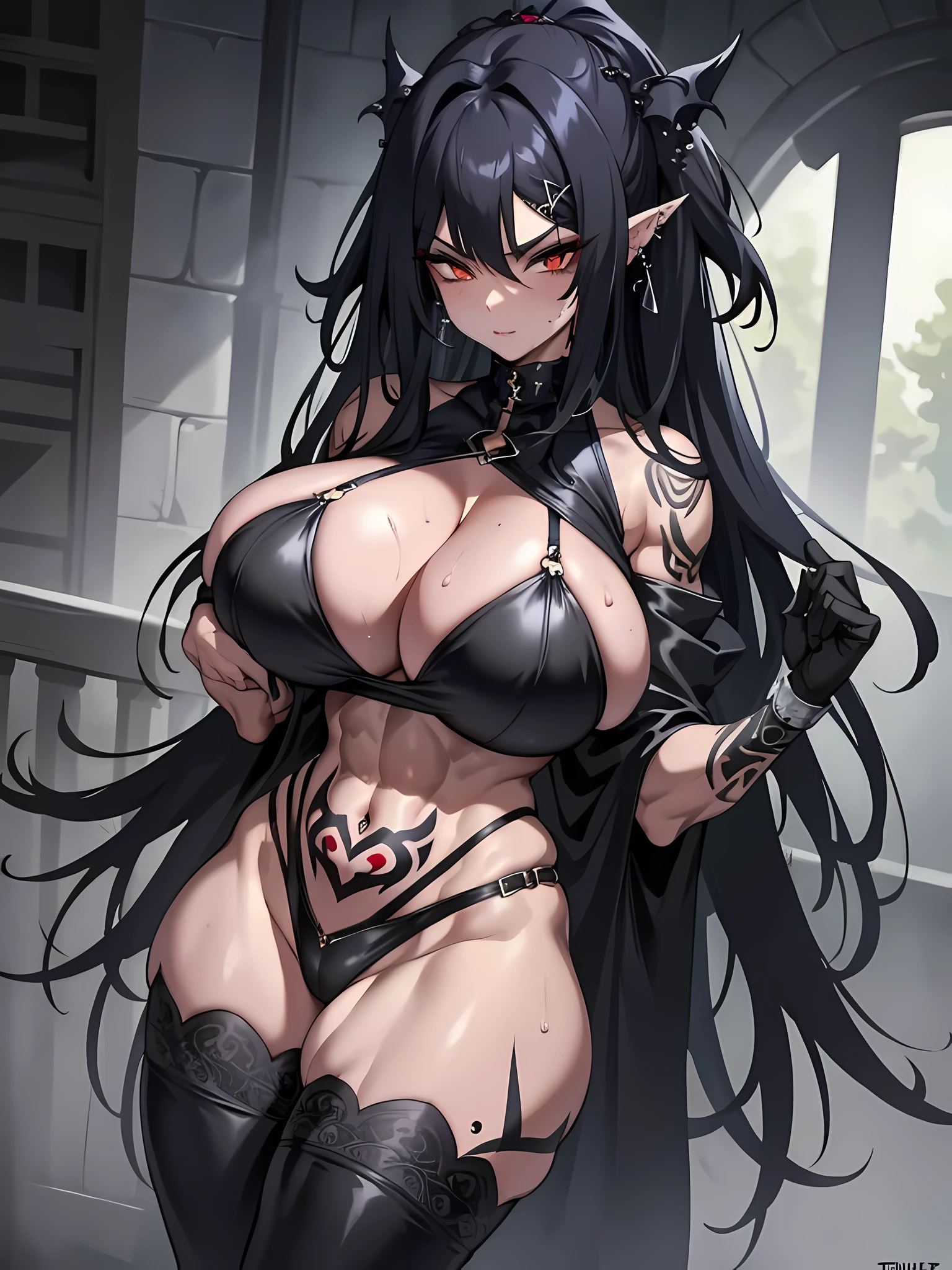 (tmasterpiece,Best quality at best,ultra - detailed),1 girl,messy hair style,my,thick hair,long bob cut, brunette color hair,blue and red and brunette color hair,aesthetic hairstyle,gothgirl, pointy ears,beautiful and detail face, 詳細な目,crane plum, Gothic fashion,the night,Foggy sections,looking at viewert,huge boob,((gray theme)),((gothic theme)), Colossal tits, F cup breasts, Wide hips, Willow waist, gigantic ass, Tattooed with, 部落Tattooed with, nipple piercing, nipple nipple piercing, thick, goth mom, Muscular female thighs fit abs leg muscles arm muscles back muscles, perspiringy skin, perspiring, Wet skin, Wet, indoor, Gothic background,