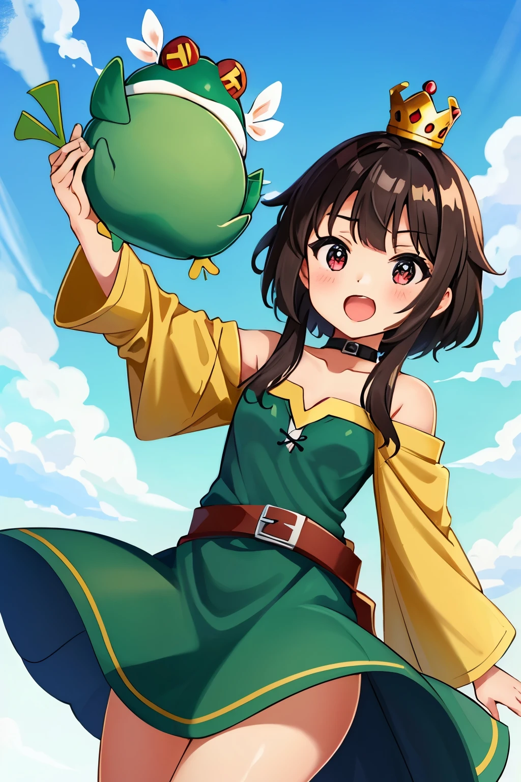 (master part, best quality),  peitos pequenos,1girl,  Megumin, short hair, com roupa de princesa, Sakura, sorrir, princess crown on head,Feliz, no castelo, giant green frog behind.