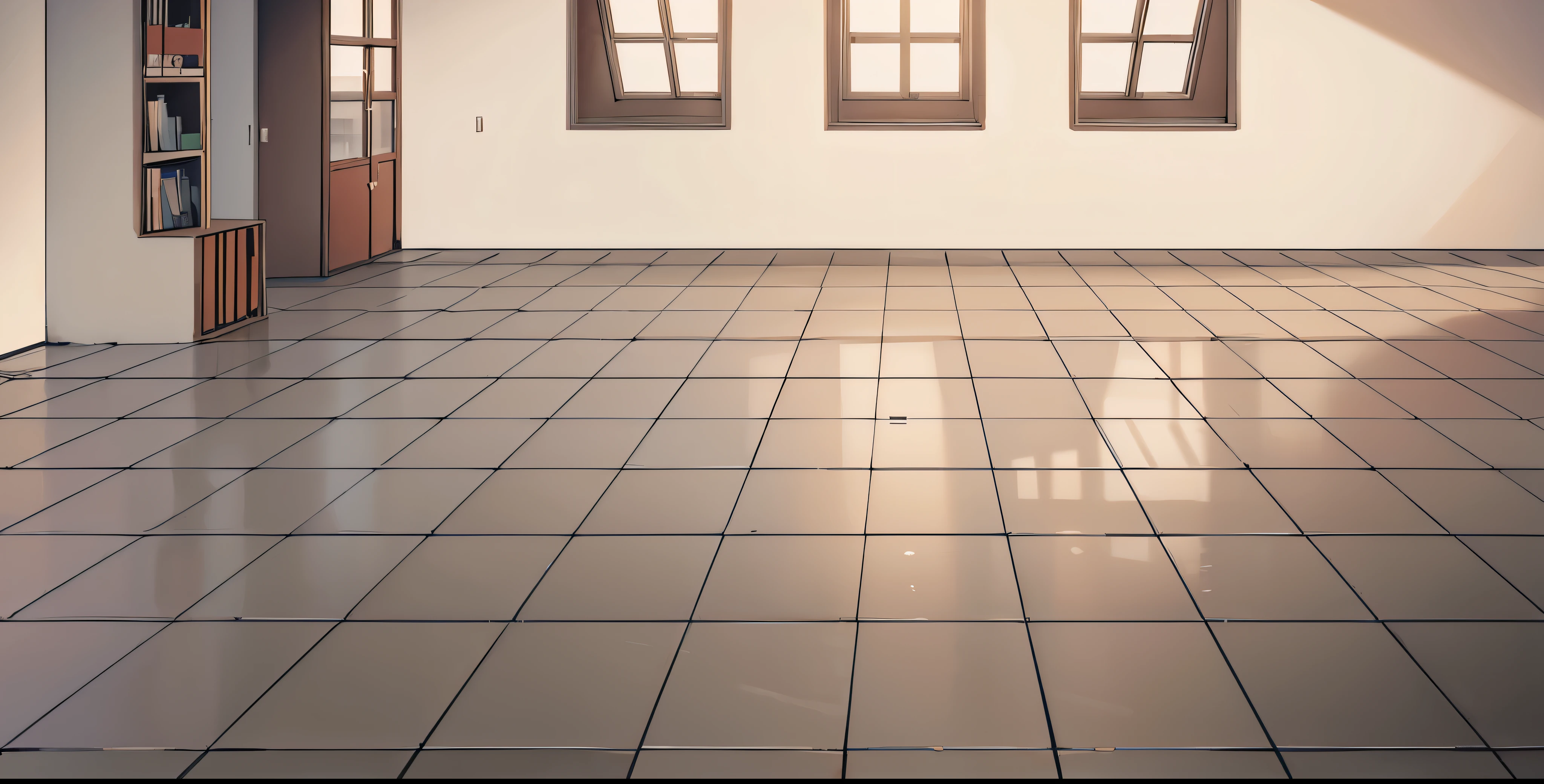 (super large empty room):1.5, (gray room), empty room):1.5, tile floor, super big black framed window, opened window, super big bookshelf in the corner,