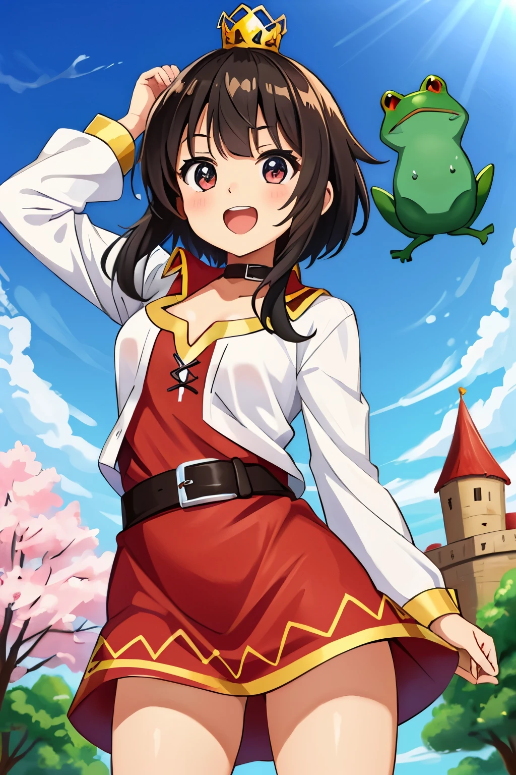 (master part, best quality),  peitos pequenos,1girl,  Megumin, short hair, com roupa de princesa, Sakura, sorrir, princess crown on head,Feliz, no castelo, giant green frog behind.