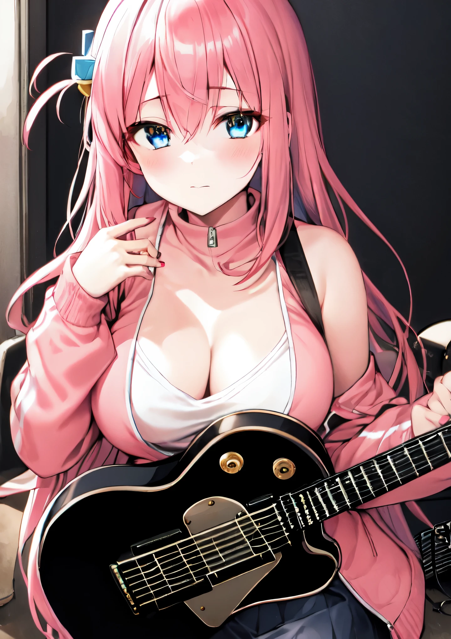 Goto_Hitori, 1girl in, Solo, Long hair, breasts, Looking at Viewer, Bangs, Blue eyes, Skirt, large breasts, Hair Ornament, Long sleeves, Holding, cleavage, hair between eye, Bare shoulders, Closed mouth, 鎖骨, Jacket, Pink hair, Open your clothes, off shoulders, nail polish, open Jacket, One side up, musical instrument, grey Skirt, track Jacket, Music, Guitar, pink Jacket, playing musical instrument, Holding musical instrument, electric Guitar, cube Hair Ornament, Gibson Les Paul