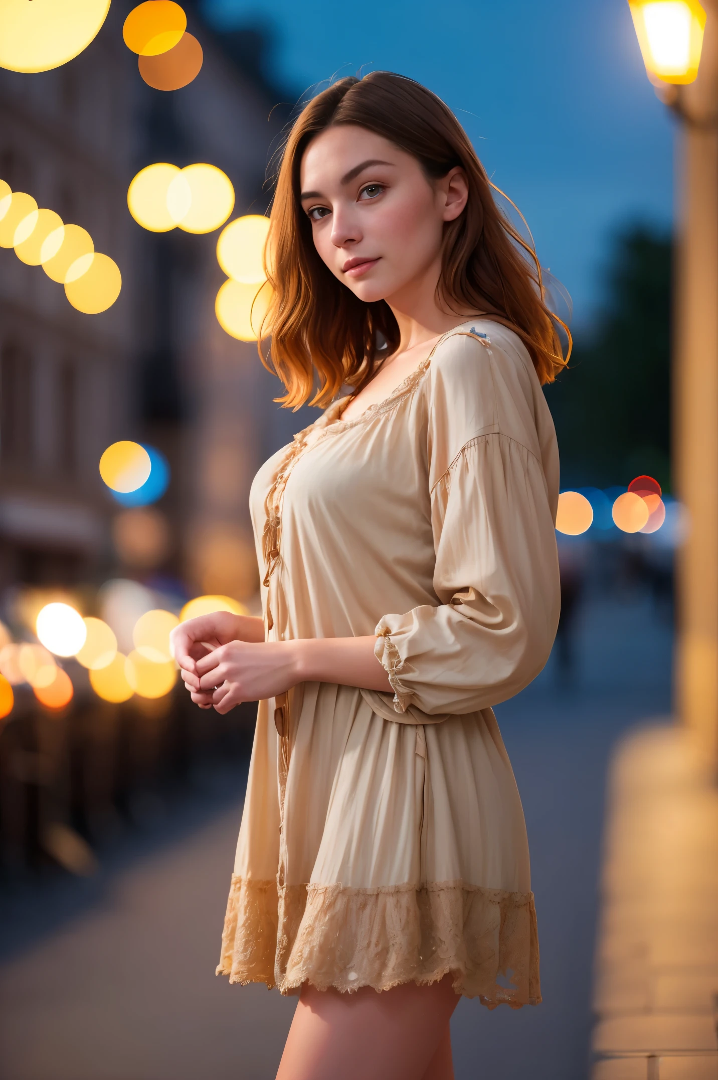 A beautiful introverted European woman wearing frumpy clothing, legs, high detail face, high detail skin, medium size ???????, 8k, HDR, high resolution, photo-realistic, cinematic lighting, depth of field, bokeh, rim lighting, backlit, cool colours, night