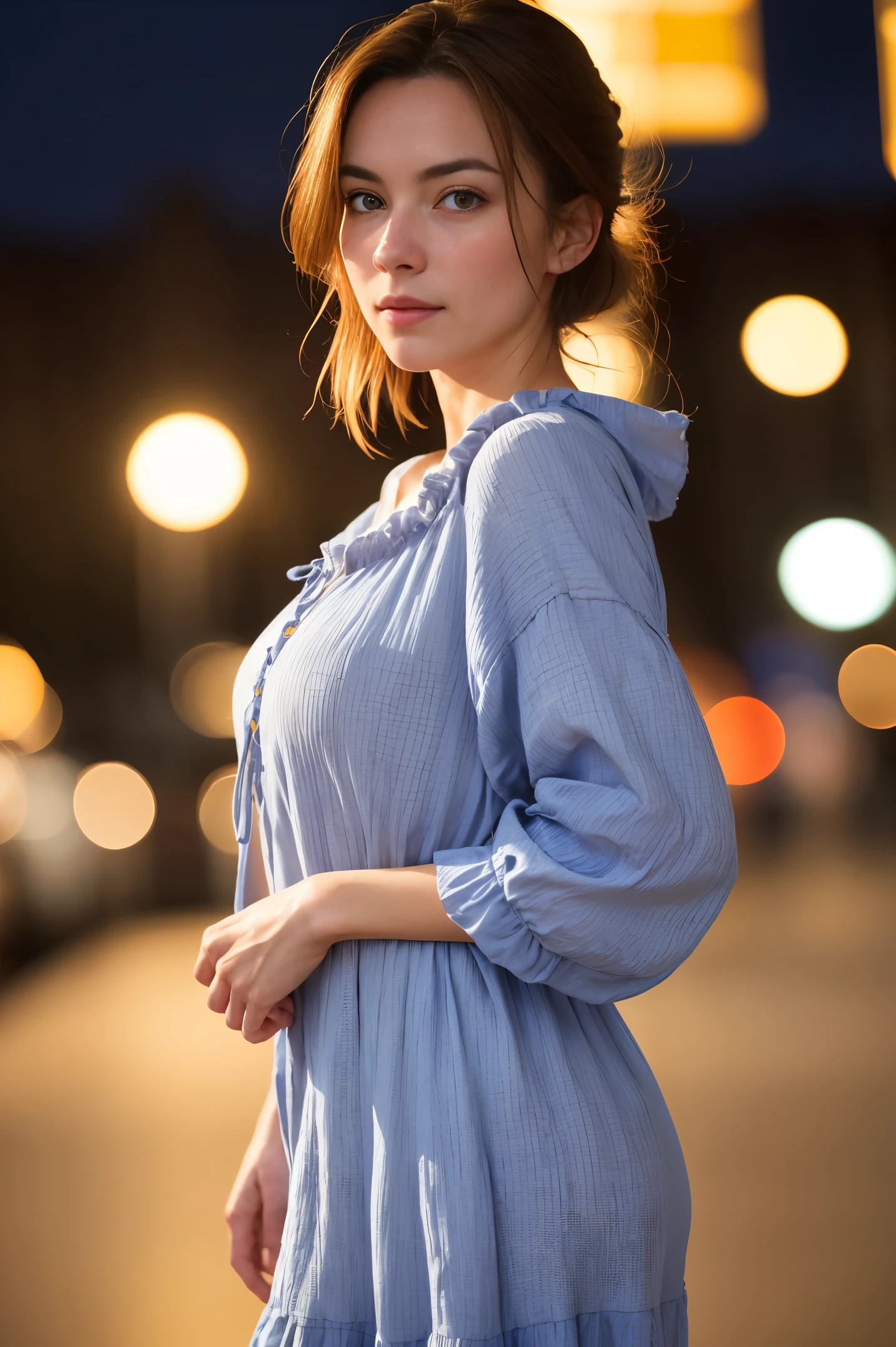 A beautiful introverted European woman wearing frumpy clothing, legs, high detail face, high detail skin, medium size breasts, 8k, HDR, high resolution, photo-realistic, cinematic lighting, depth of field, bokeh, rim lighting, backlit, cool colours, night