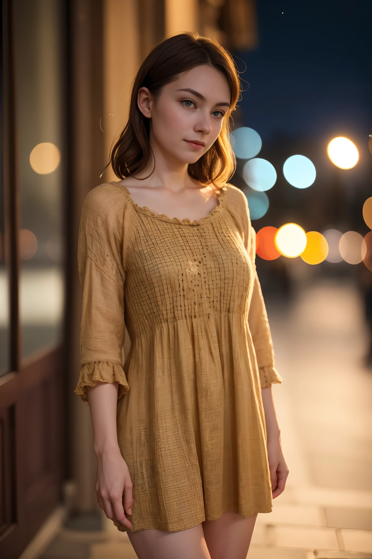 A beautiful introverted European woman wearing frumpy clothing, legs, high detail face, high detail skin, medium size breasts, 8k, HDR, high resolution, photo-realistic, cinematic lighting, depth of field, bokeh, rim lighting, backlit, cool colours, night