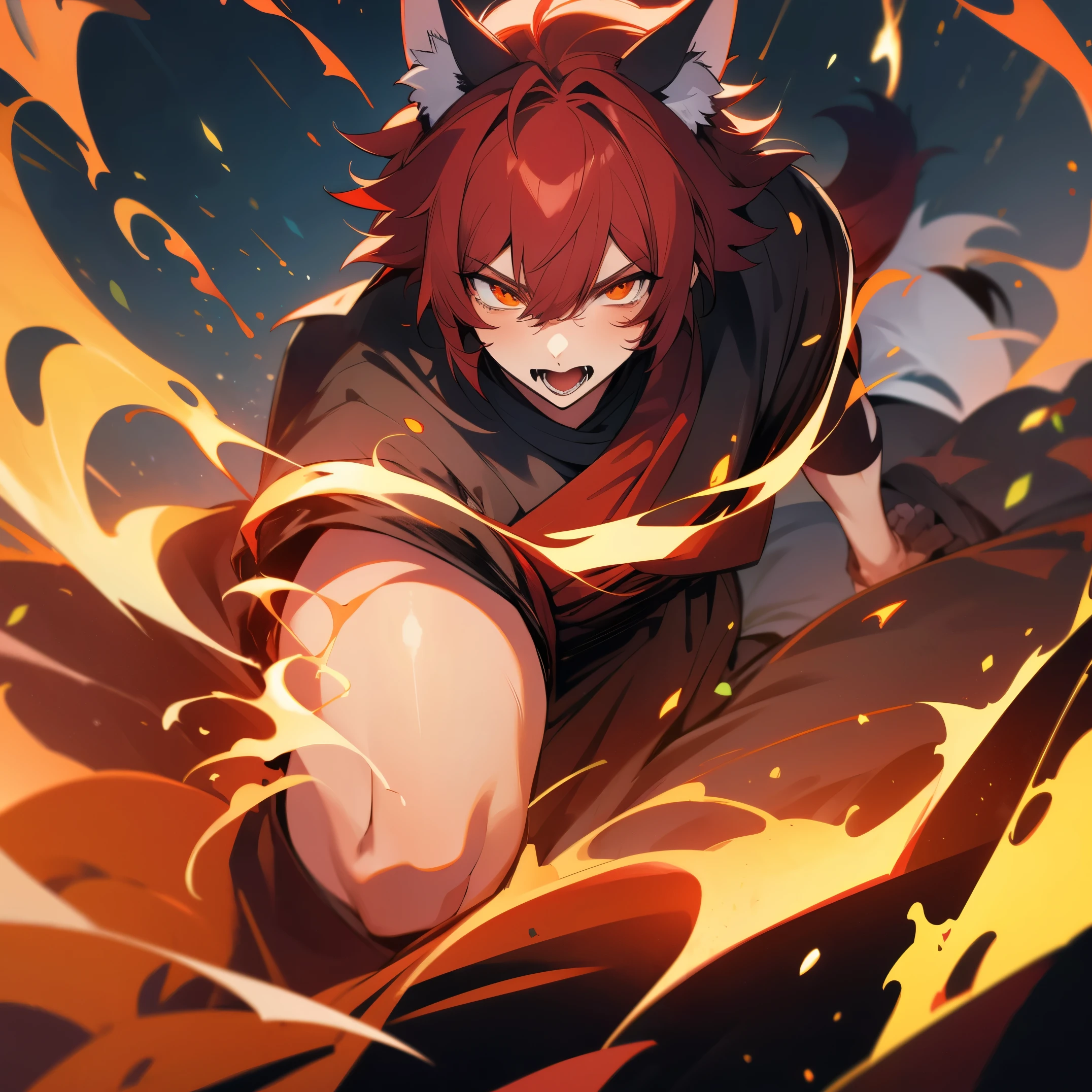 (Detailed), perfect face, full body, Black male, Crimson Hair and Eyes, Wolf boy, GodOf Fire