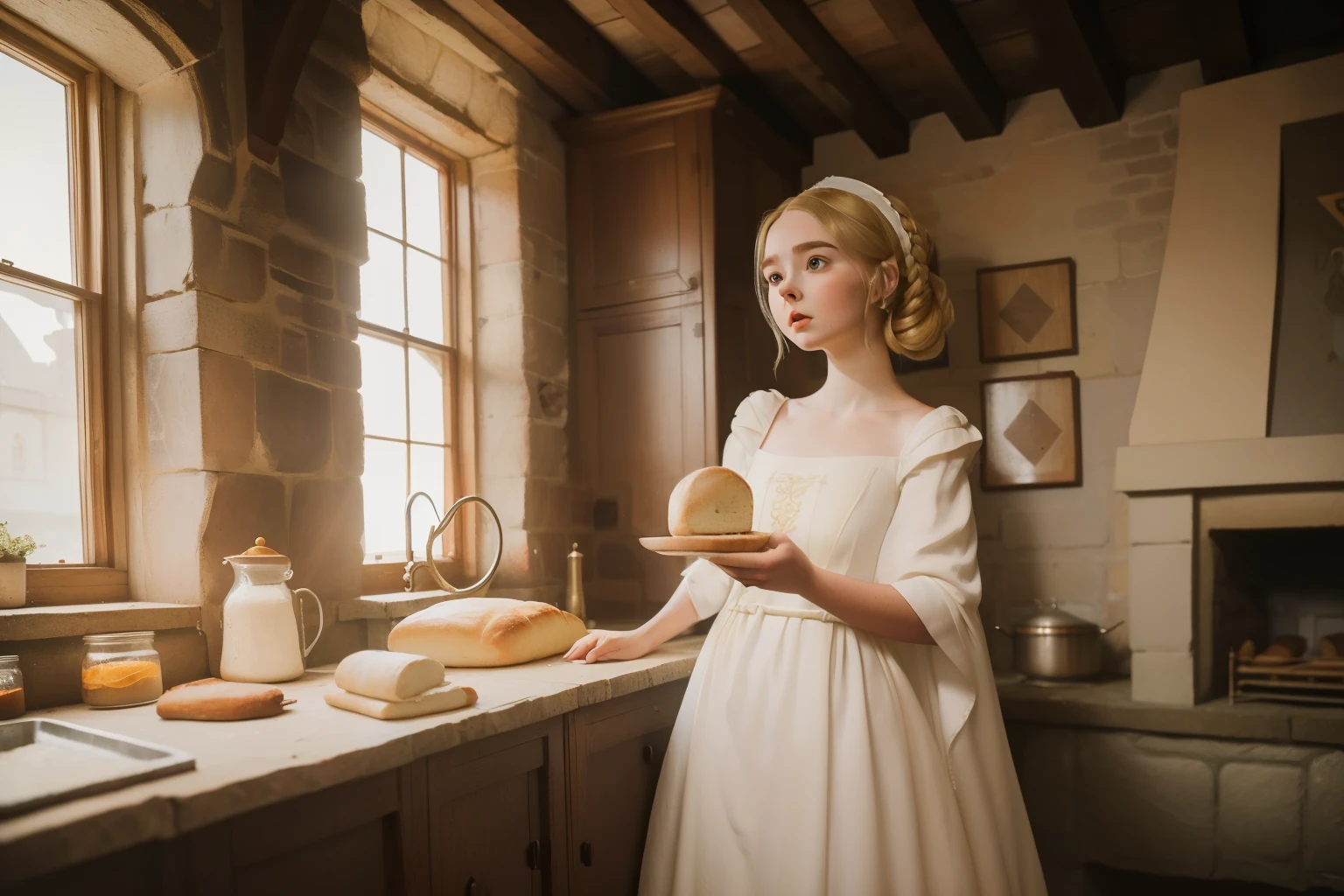 1152, Kingsbridge, England. Otherworldly scene in a medieval house, ((((22-year-old)) Mckenna Grace)), making bread, ((((gown from the 12th century)))), ((dark blonde Hairstyle of the 12th century)), ((Wes Anderson cinematic style)), colorful