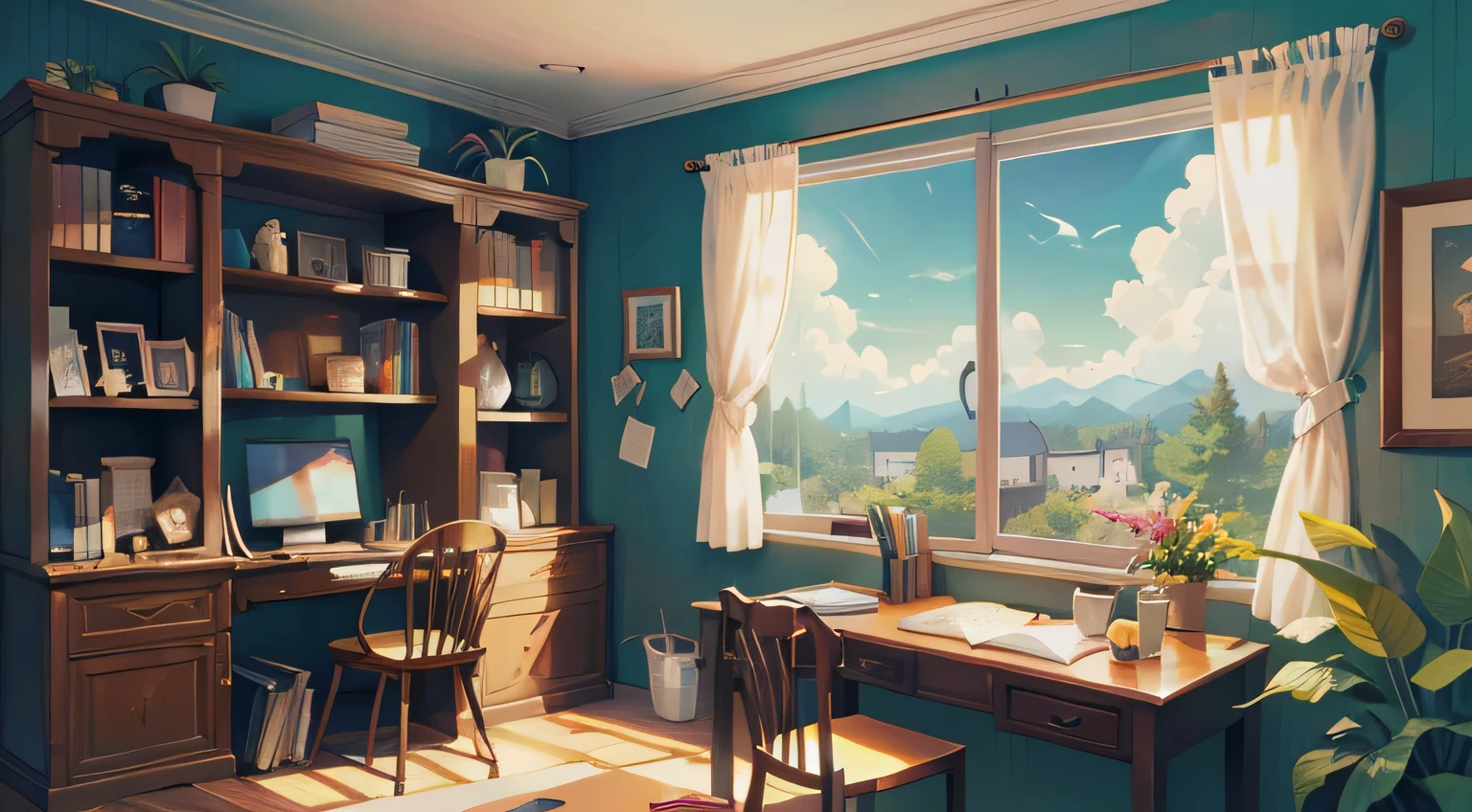sala de estudos, mesa, computador, monitorar bela imagem da natureza, estante, disco Rigido, alta qualidade, best quality, Altas, alta qualidade, Detalhes altos, master part, estilo anime, anime