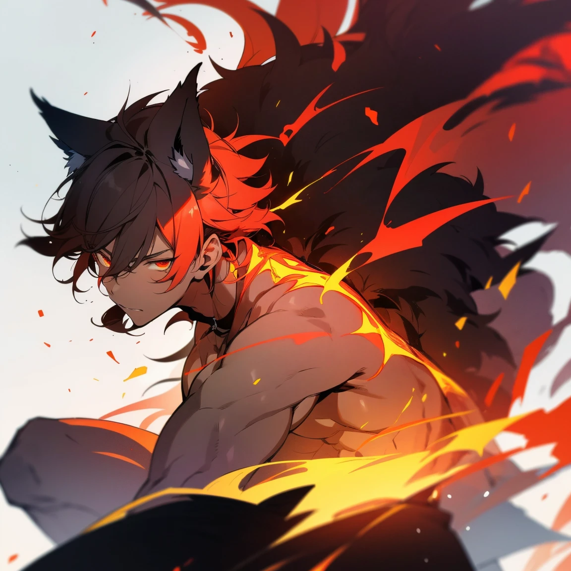 concept, [fire staff], medieval, wood staff, long torch, white background, A fire dancer's staff (matte skin), with wolf ears, muscle, shirtless, black wavy hair, oriental