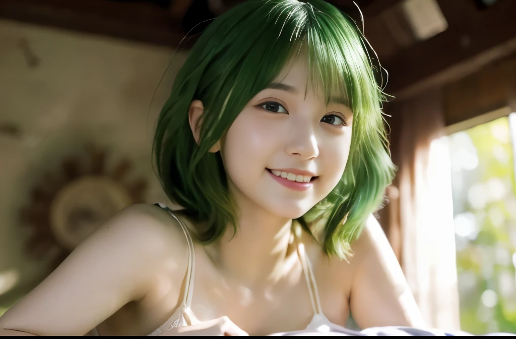 Best Quality, 4K, 8K, hight resolution, masutepiece:1.2 ,Ultra-detailed, Realistic, photoRealistic, photo-Realistic:1.37, Cinematic lighting, Beautiful detailed glow, Dynamic Angle, Shallow depth of field, Light leak, amazing, Intricate details, Green hair, Wearing a green bra, {{Small breasts}}, Shy smile, Fine Art, 年轻 , NSFW, Full body, Fluttering in the wind, Bedrooms, sitake-eye, flat2,
