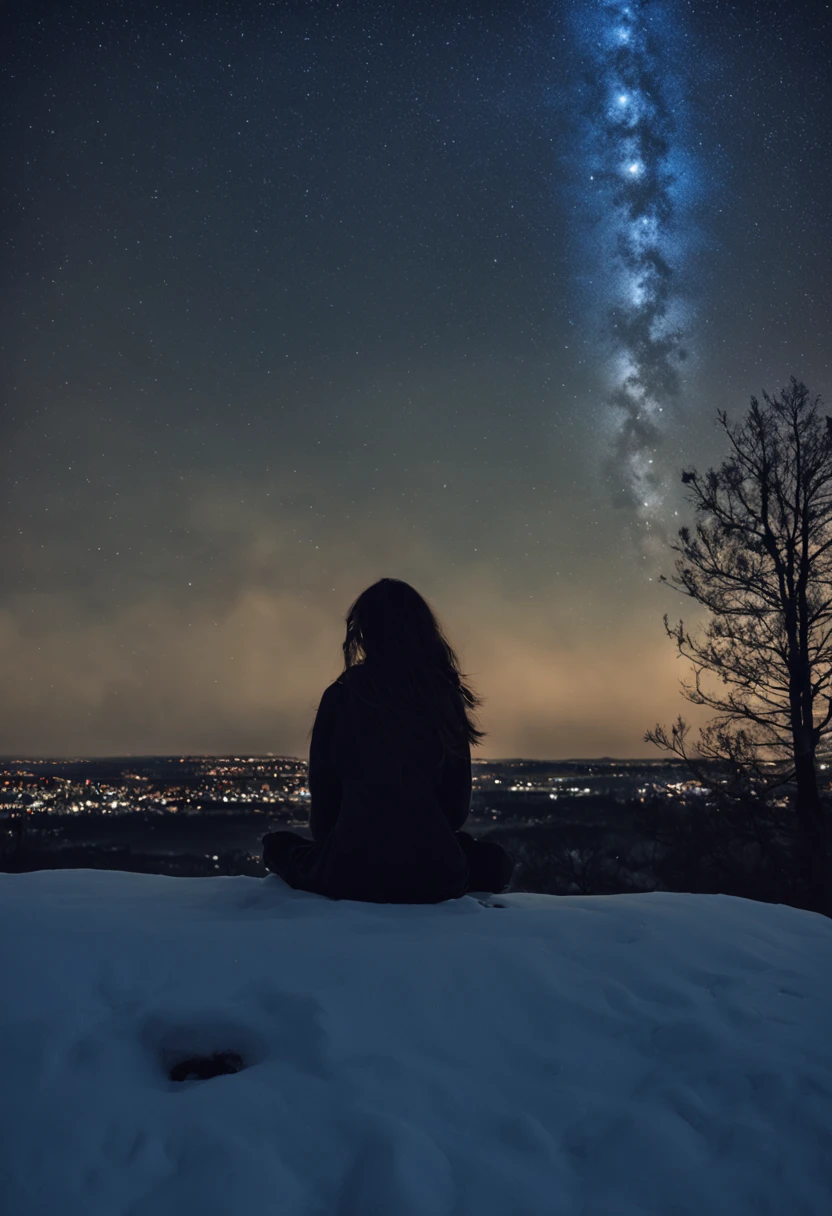sky, star (sky), scenery, starry sky, night, 1girl, night sky, solo, outdoors, building, cloud, milky way, sitting, tree, long hair, city, silhouette, cityscape, snow