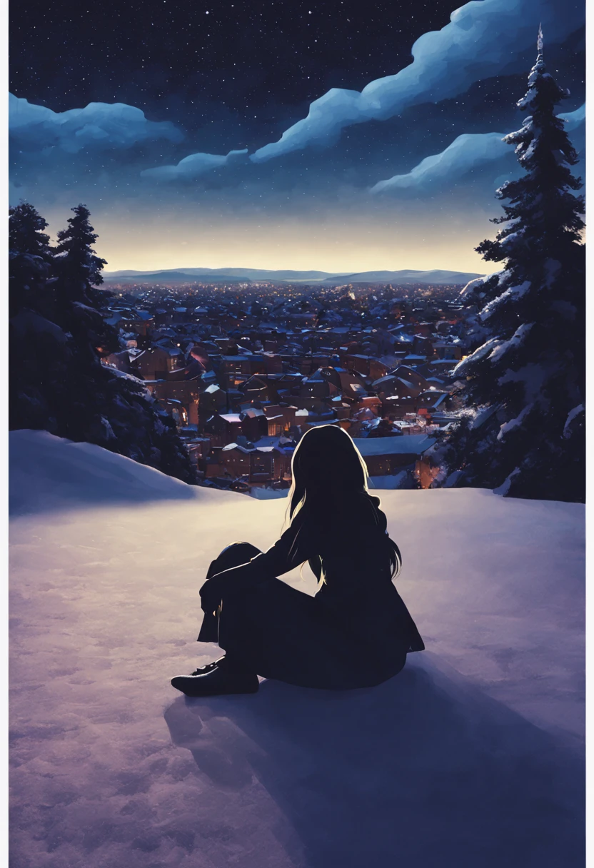 sky, star (sky), scenery, starry sky, night, 1girl, night sky, solo, outdoors, building, cloud, milky way, sitting, tree, long hair, city, silhouette, cityscape, snow
