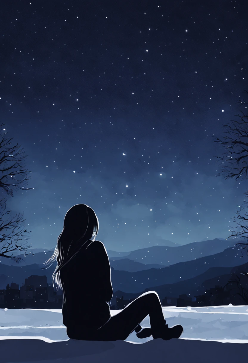 sky, star (sky), scenery, starry sky, night, 1girl, night sky, solo, outdoors, building, cloud, milky way, sitting, tree, long hair, city, silhouette, cityscape, snow