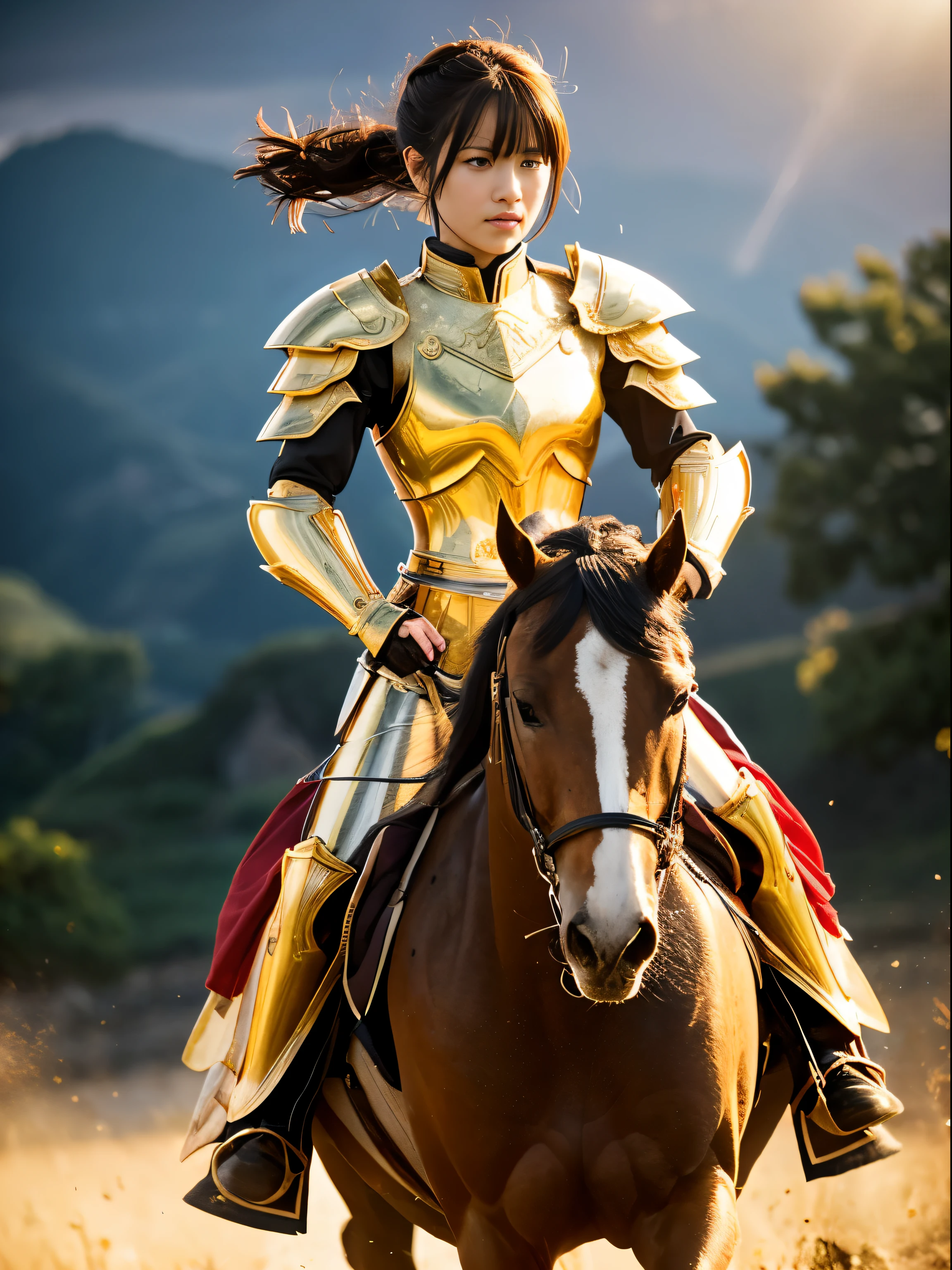 high-definition picture,masutepiece,High quality image of Fighting Prince Salbody, Exquisite, Black Haired Beautiful Girl, Beautiful woman wearing golden armor and riding a horse，wear red clothes under armor,full body Esbian, Beautiful and detailed halo, Detailed Lighting, detailed water, (Beautiful and detailed eyes: 1.1), deadpan, battle field,From a little far away