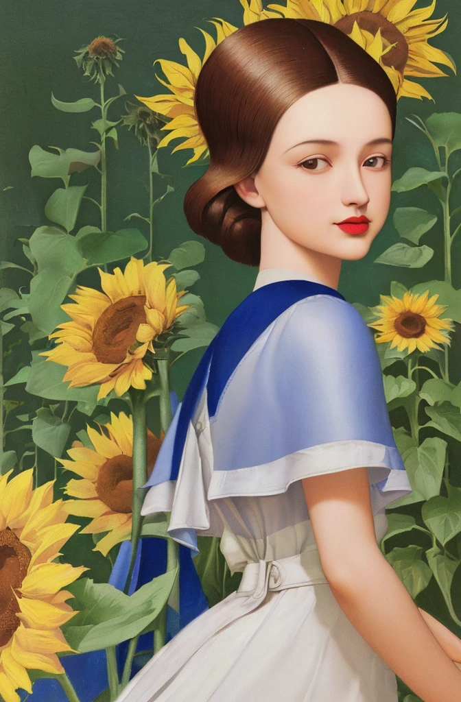 there is a woman standing in a field of sunflowers, kenton nelson, beautiful retro art, michael cheval (unreal engine, inspired by Stevan Dohanos, peter driben, anna dittmann alberto vargas, by Mario Bardi, inspired by Art Frahm, laurent durieux, by Juan O'Gorman, andrey remnev
