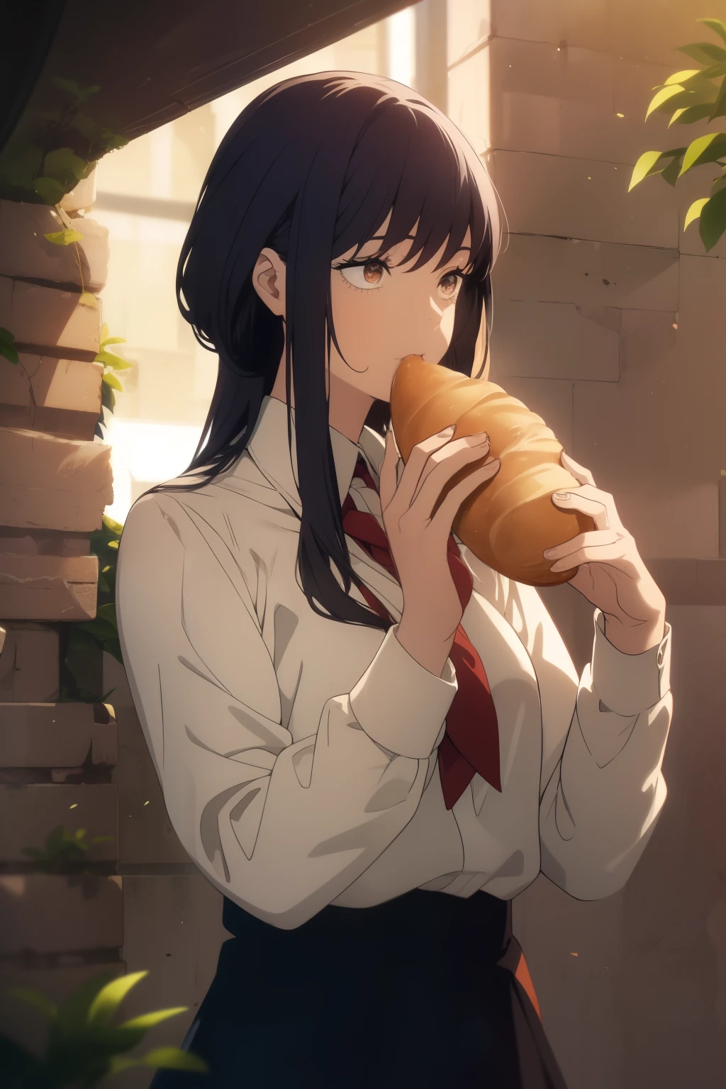((Obra maestra, La mejor calidad, ultrahigh resolution)), ((masterpiece)), expressive brown eyes , ((masterpiece)), expressive brown eyes, 1girl, standing, dark blue hair, school uniform, ((eating a piece of bread)), (outside), ((happy)), looking down