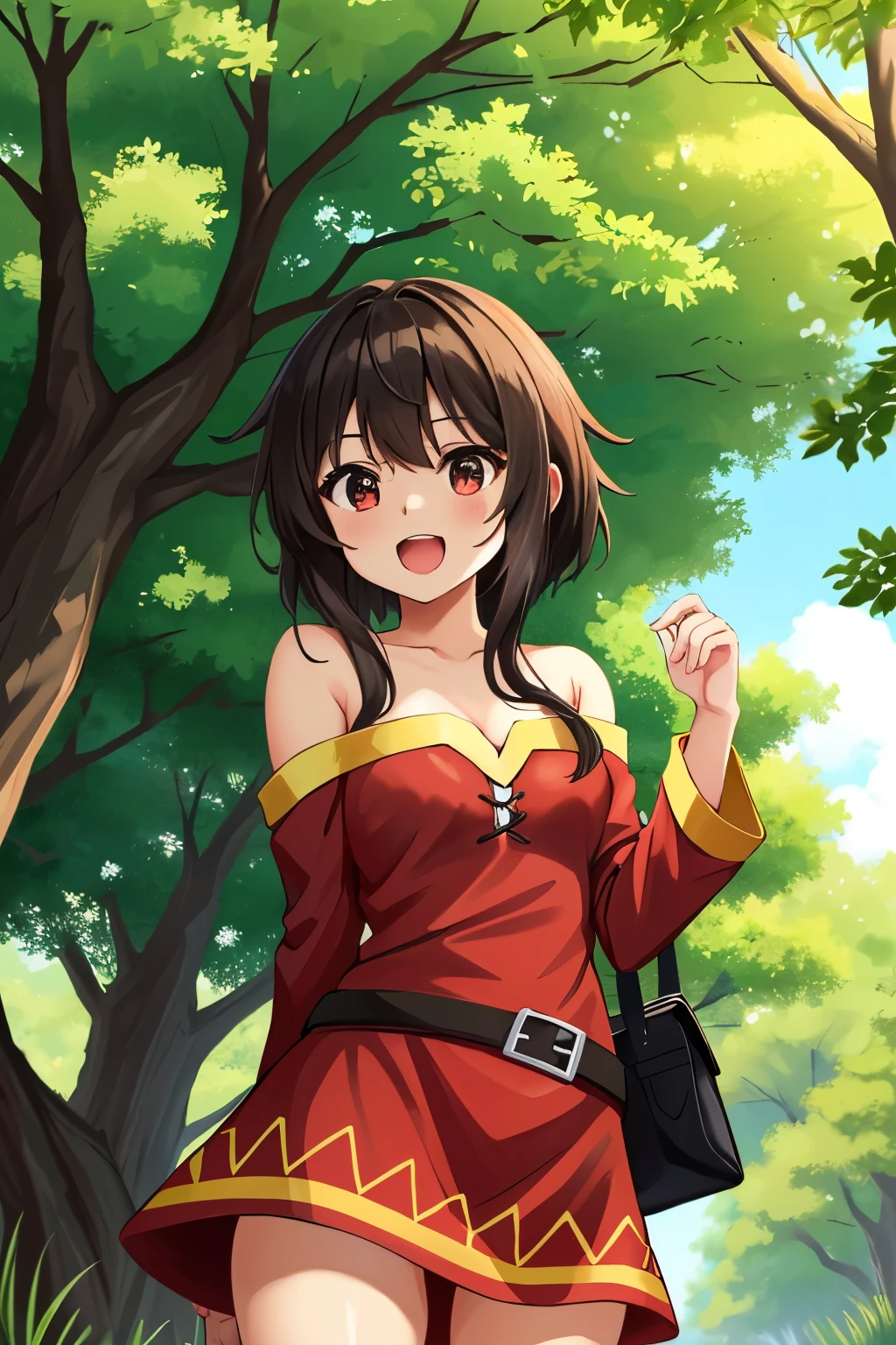 (master part, best quality),  peitos pequenos,1girl,  Megumin, short hair, com roupa verde e amarela brasileira, tree , sorrir, ,Feliz, no Brasil.