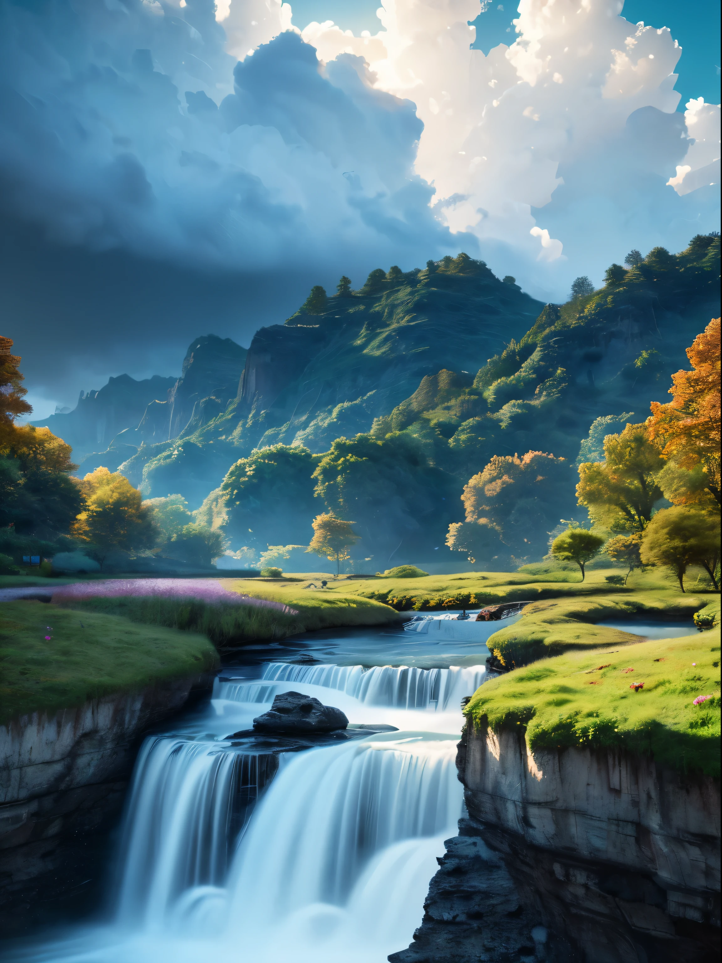 masutepiece, Best Quality, High quality, the Extremely Detailed CG Unity 8K Wallpapers, landscape, plein air, skyporn, cloud, skyporn, No humans, mont, landscape, Water, tree, blue skyporn, Waterfall, cliff, Nature, lake, River , cloudy skies, awardwinning photo, Bokeh, depth of fields, nffsw, bloom, chromatic abberation, Photorealism, Very detailed, Trending on ArtStation, Trending on CGSociety, Convoluted, high detailing, Dramatic, midjourney art