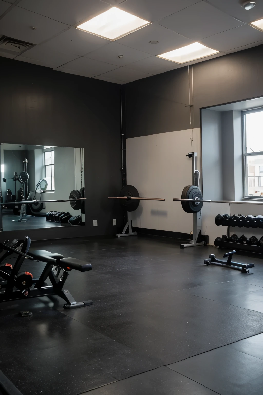I'm going to make a video about the gym and I wanted to put a background image of a gym, so I want you to create an image of somewhere inside the gym with neutral colors, mainly black and gray, so that no one appears in the image